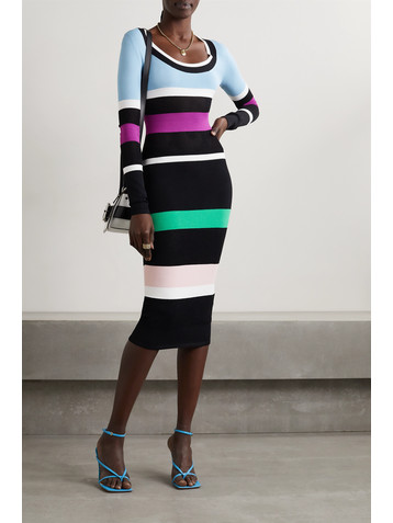 Sergio Hudson Mesh-paneled striped cotton-blend jersey midi dress