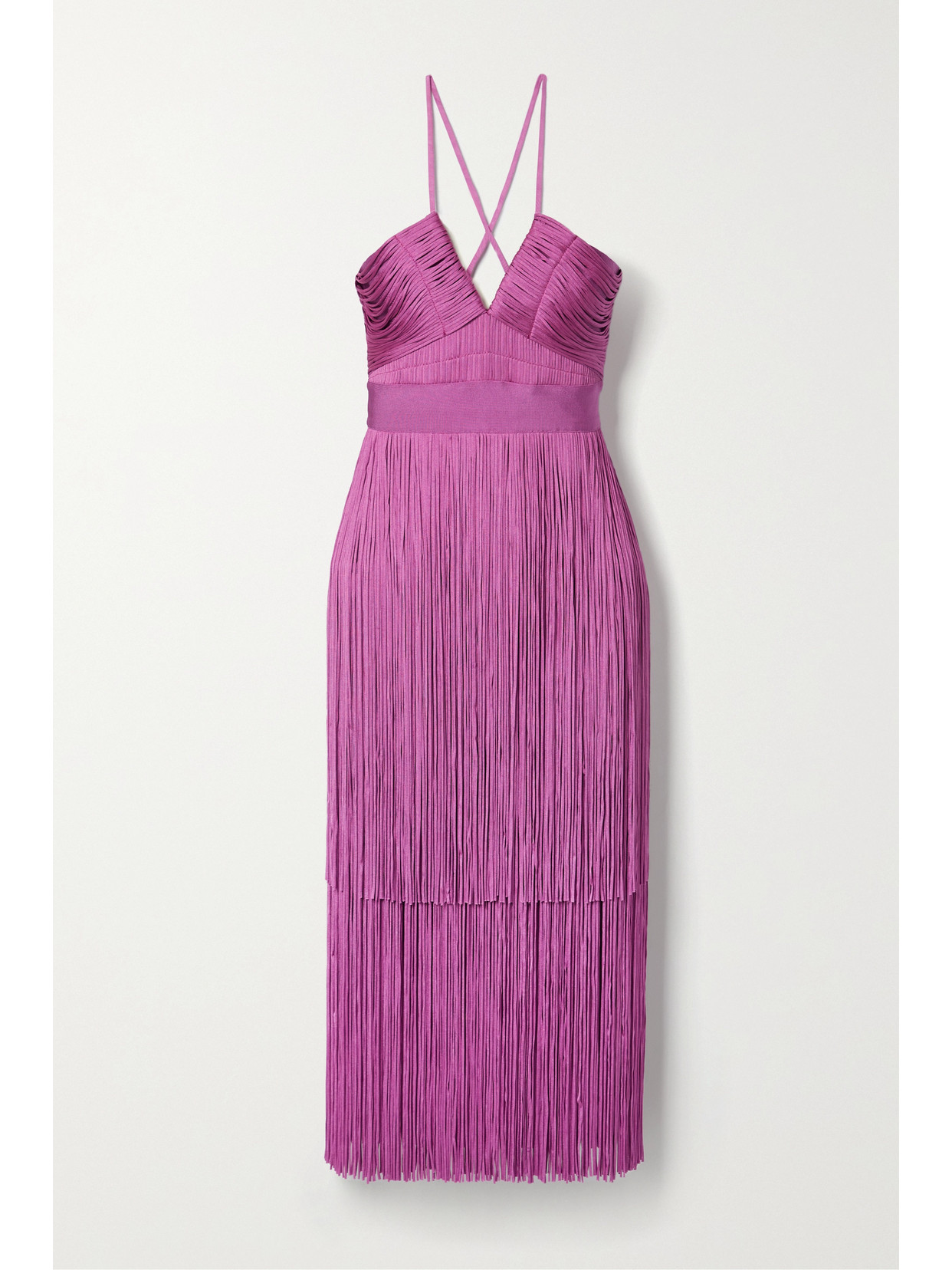 Herve Leger Fringe-overlay Asymmetric-hem Recycled-rayon Blend Midi Dress In Purple