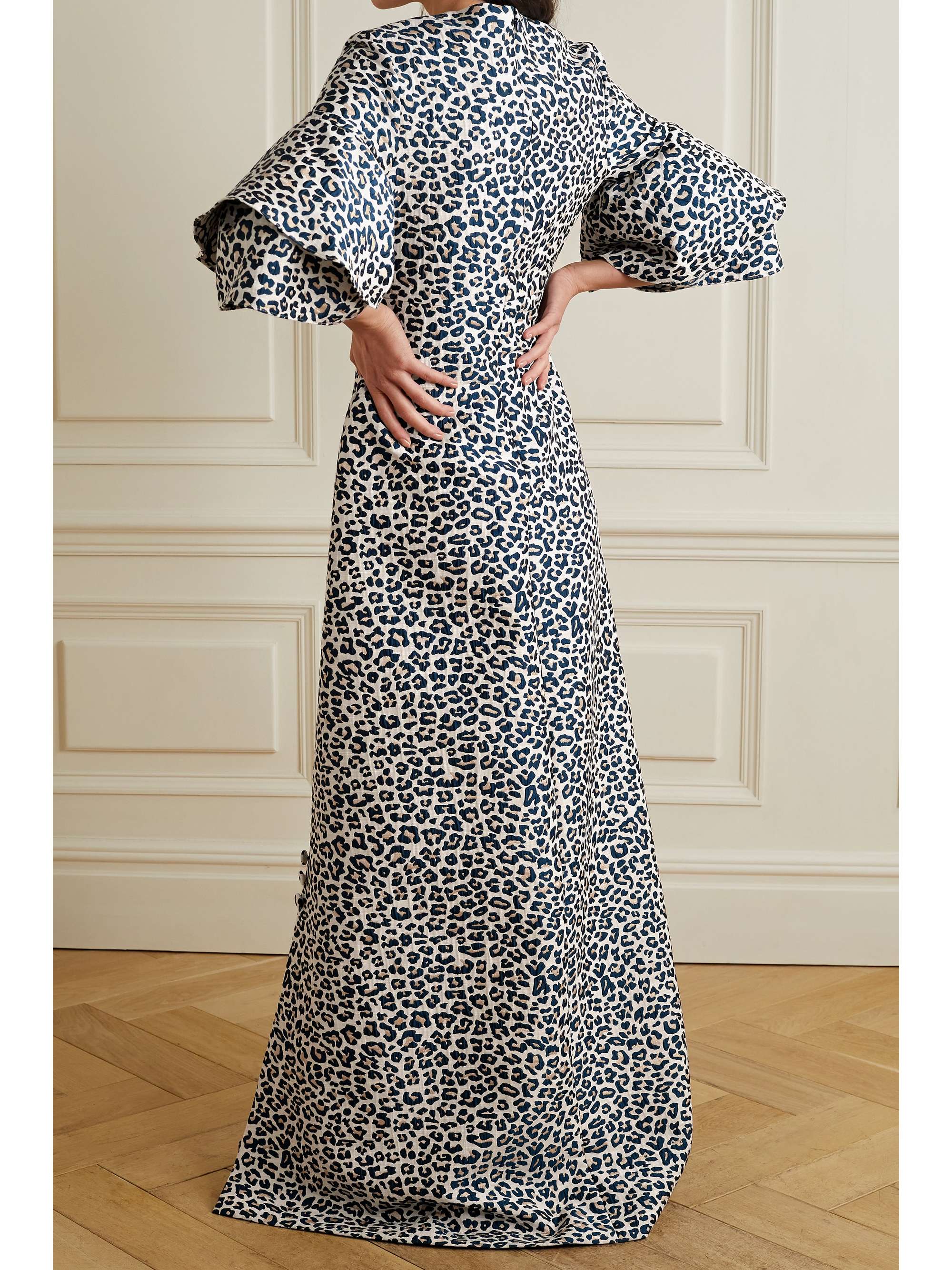 REEM ACRA 金属感棉质混纺豹纹提花礼服