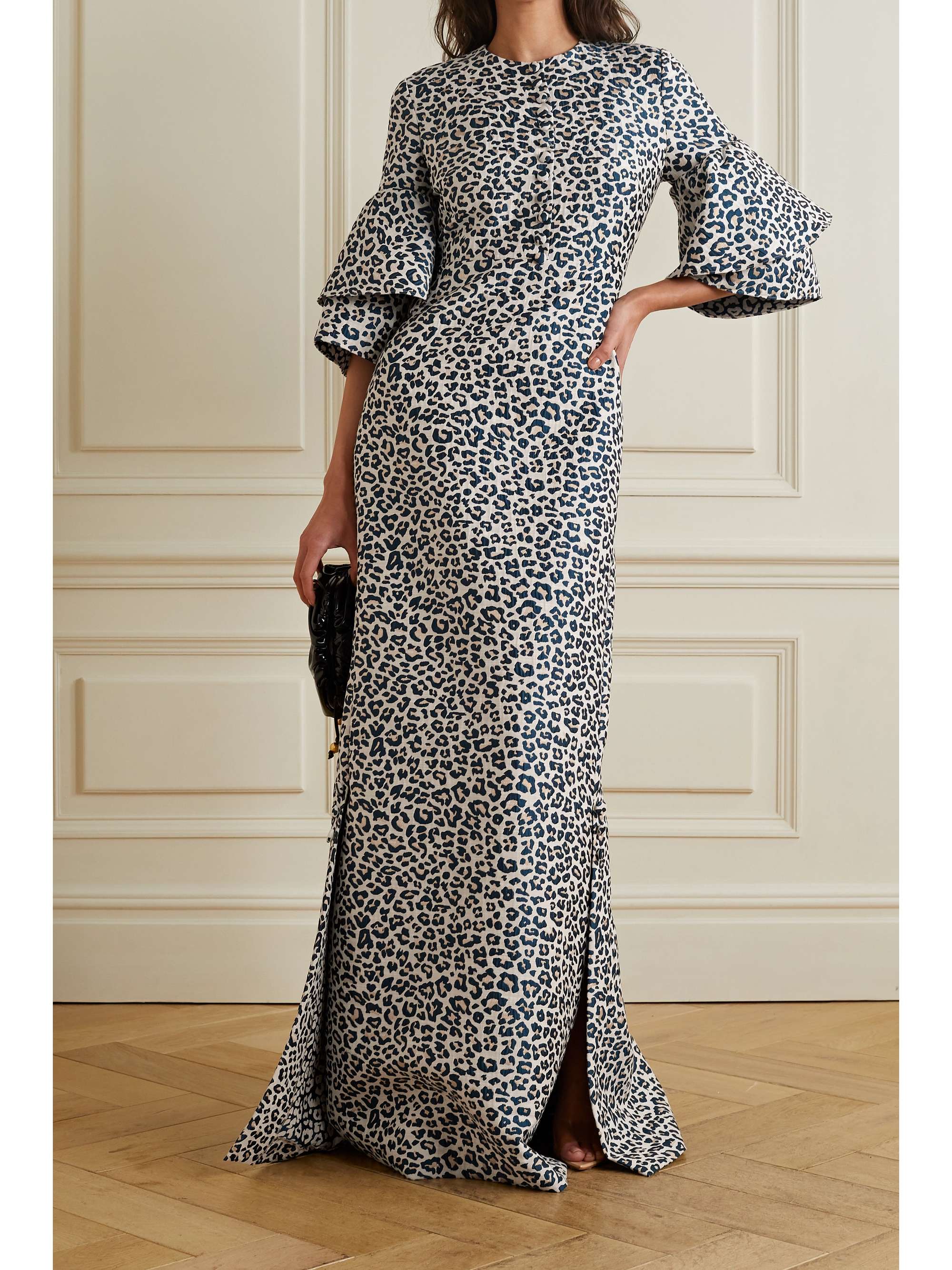 REEM ACRA 金属感棉质混纺豹纹提花礼服