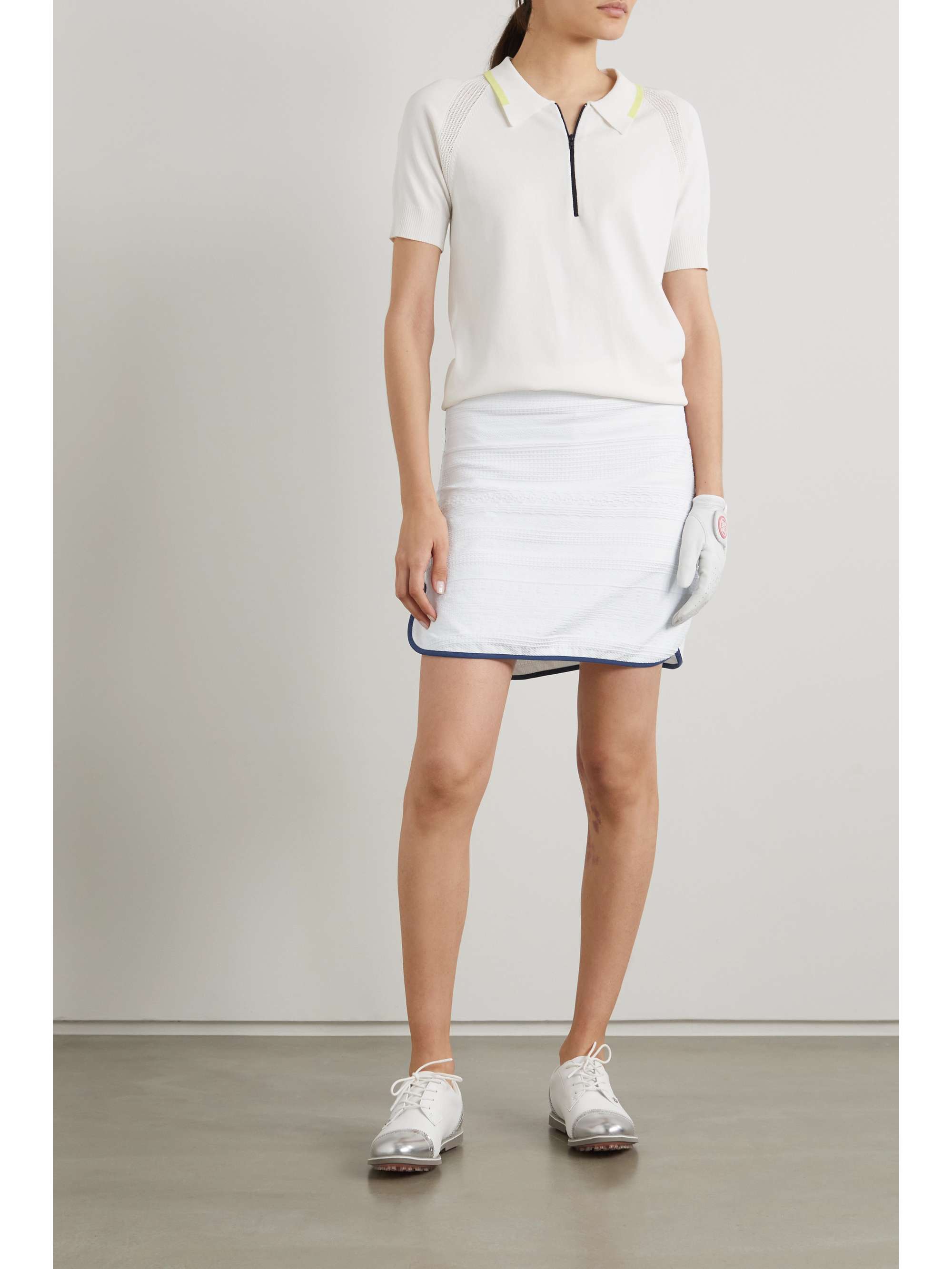 L'ETOILE SPORT Piped stretch-seersucker mini golf skirt