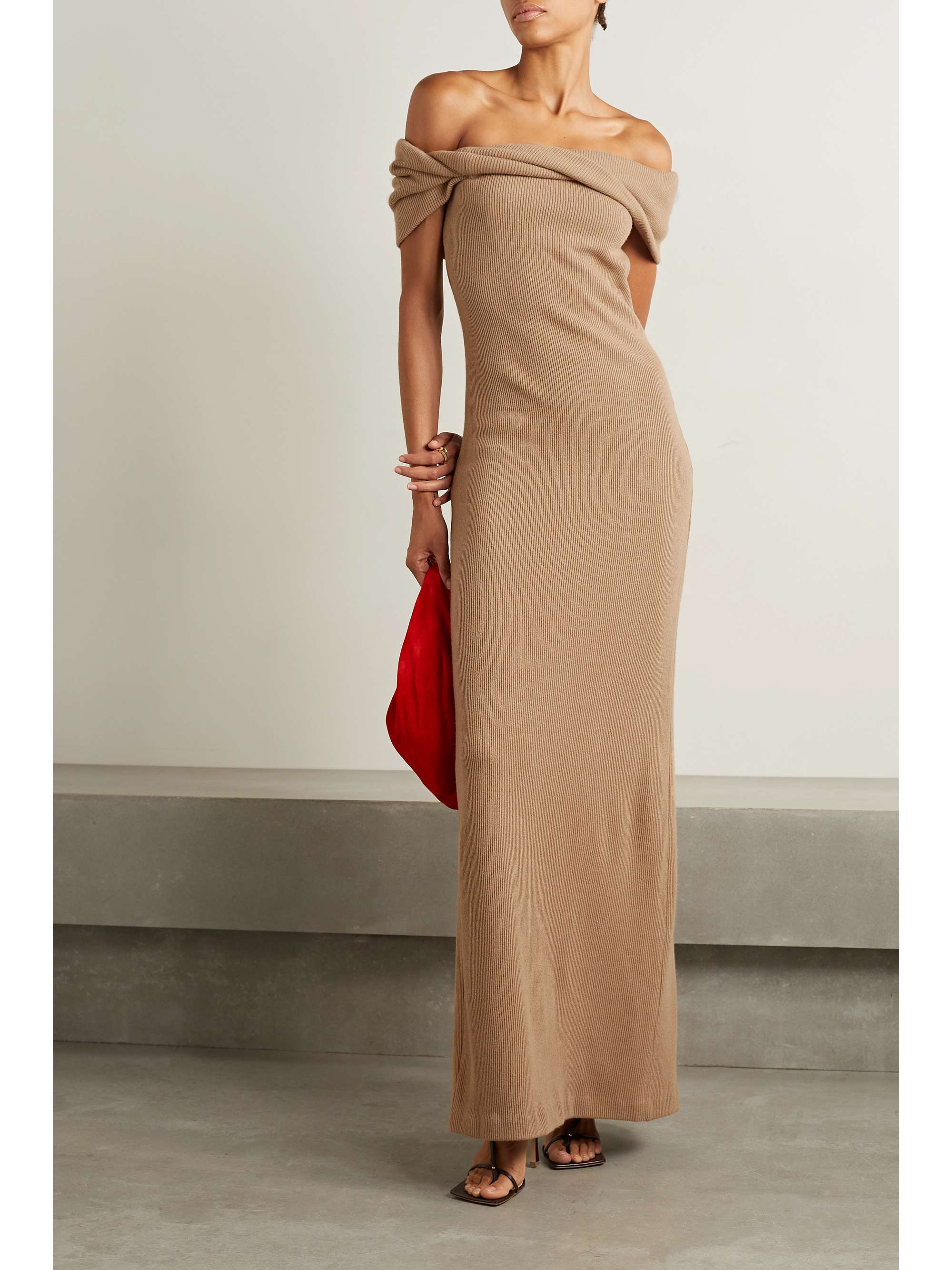 BRANDON MAXWELL Off-the-shoulder cutout ribbed-knit maxi dress