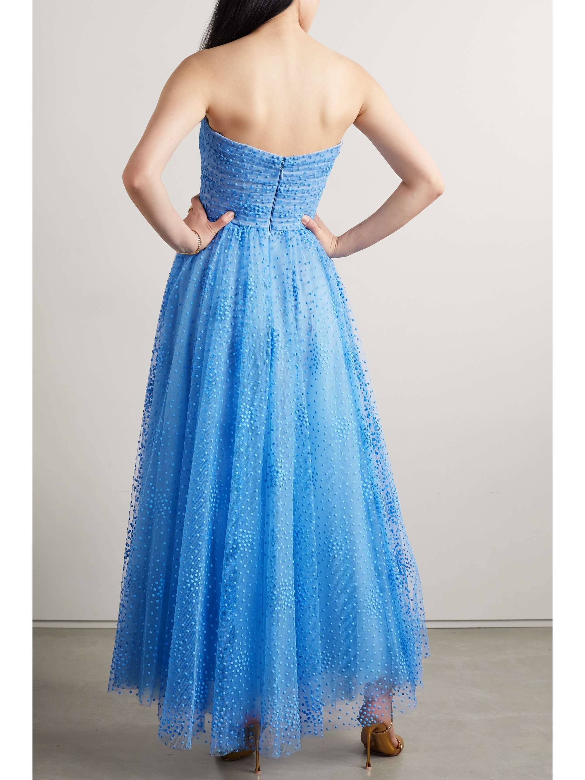MONIQUE LHUILLIER Strapless polka-dot tulle midi dress