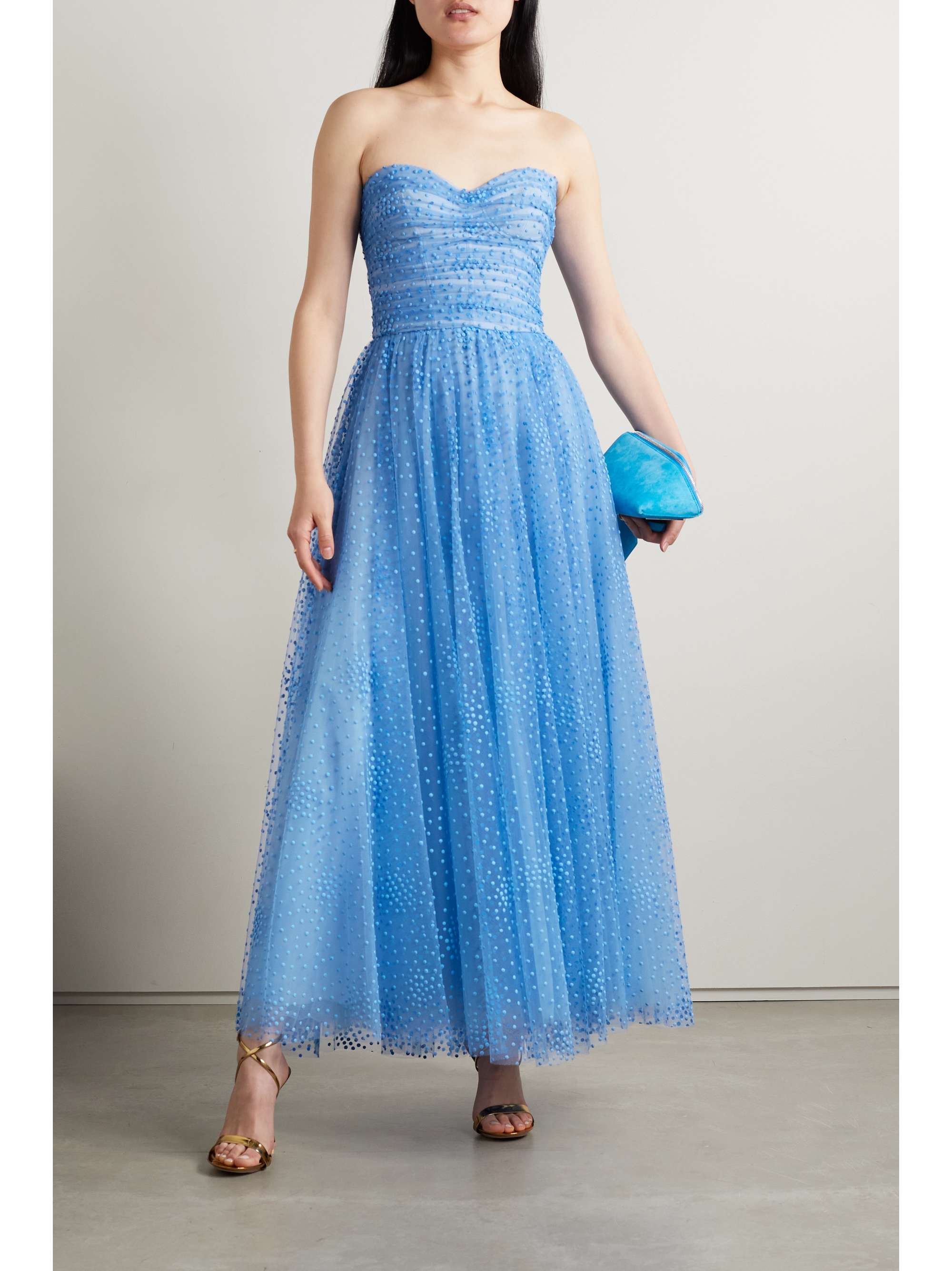 MONIQUE LHUILLIER Strapless polka-dot tulle midi dress