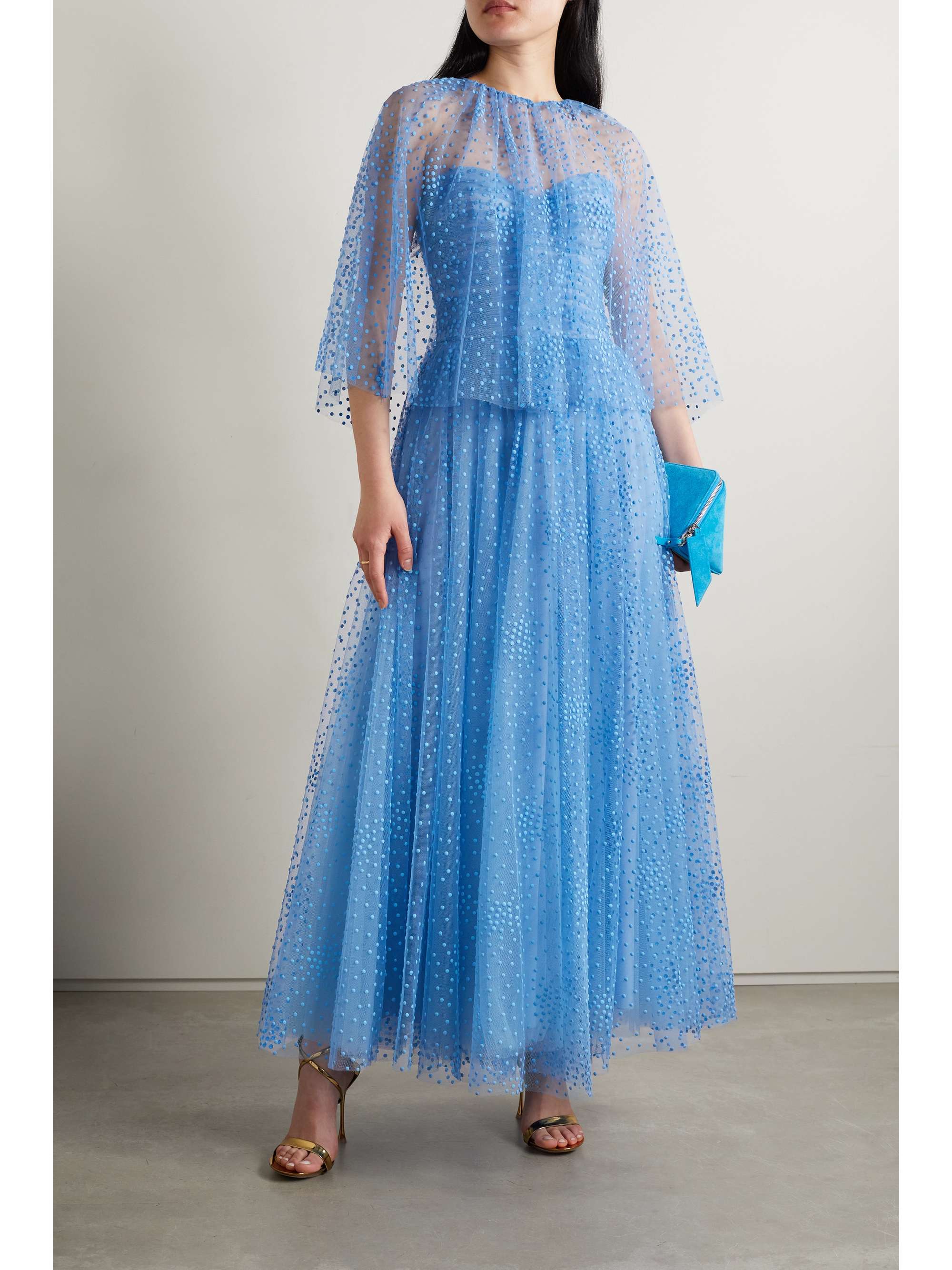 MONIQUE LHUILLIER Strapless polka-dot tulle midi dress