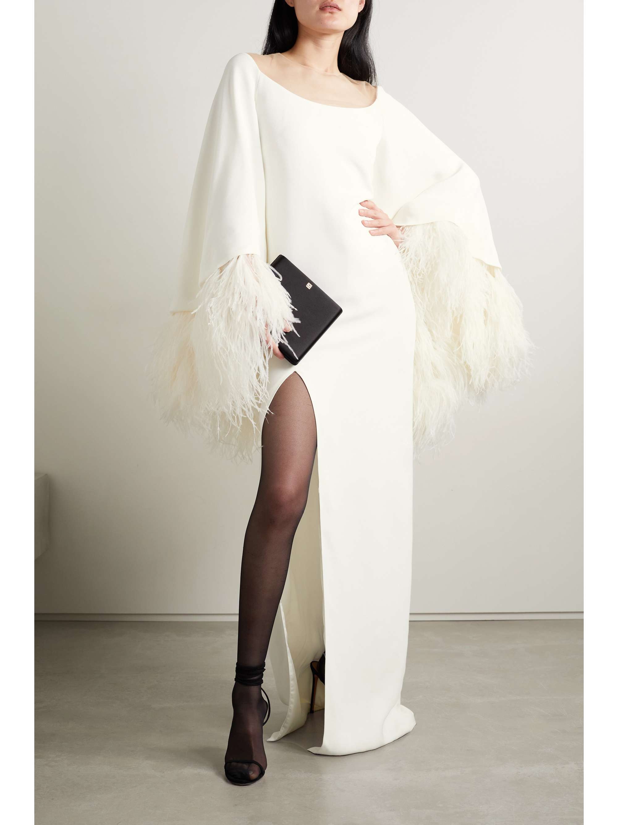 MONIQUE LHUILLIER Feather and tulle-trimmed silk-crepe gown