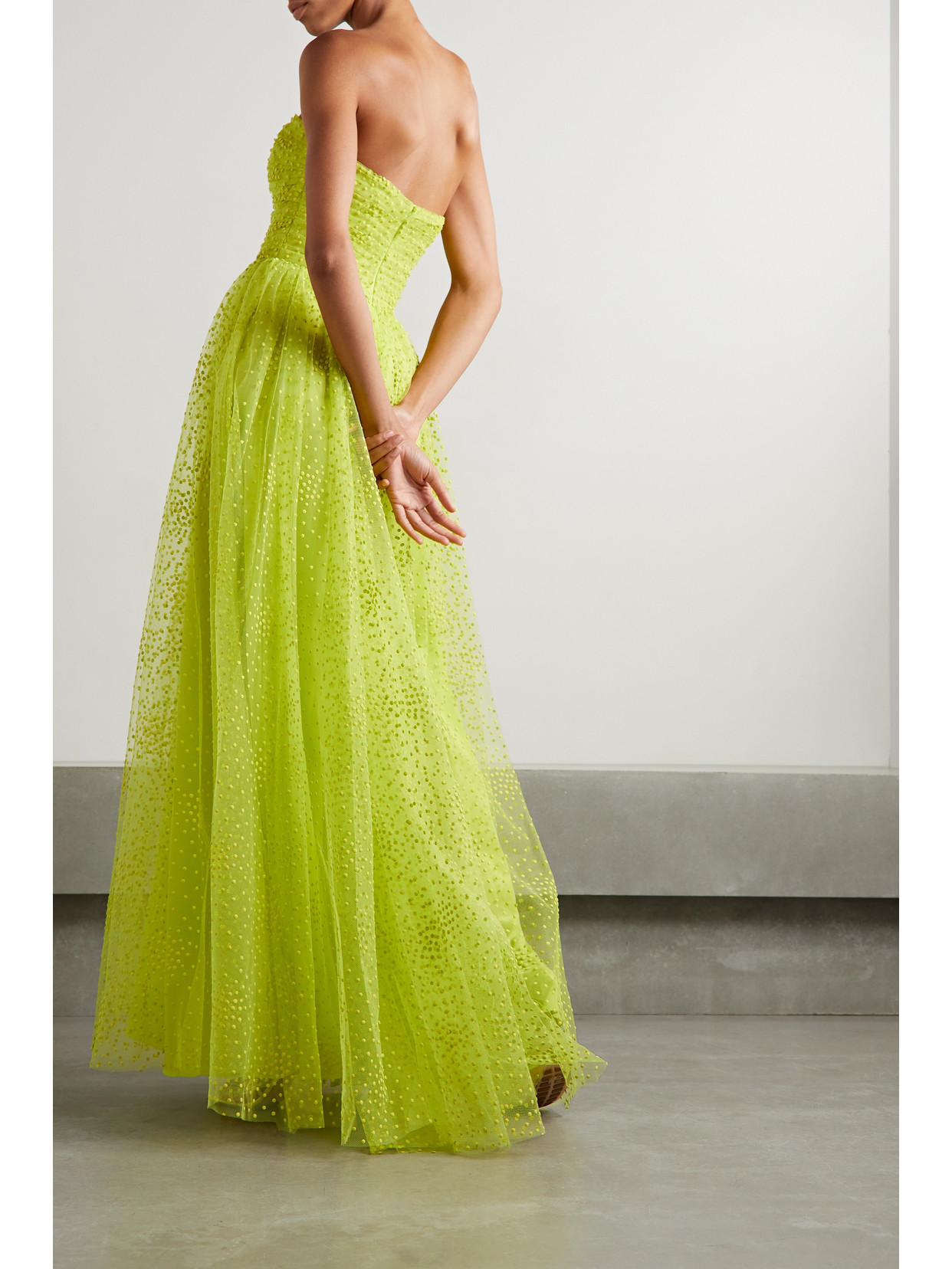 Monique Lhuillier Strapless Polka-dot Tulle Gown In Yellow