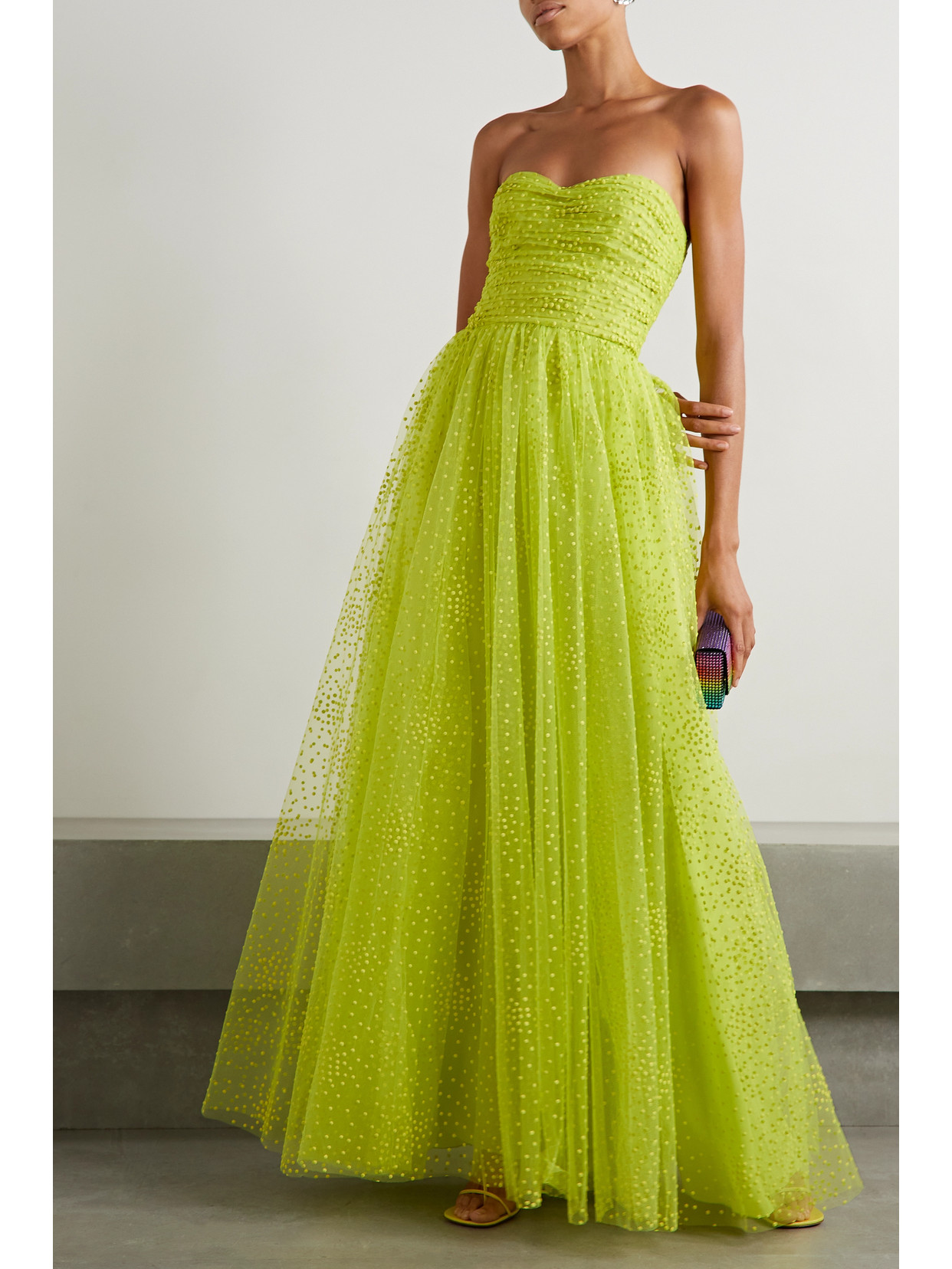 Monique Lhuillier Strapless Polka-dot Tulle Gown In Yellow