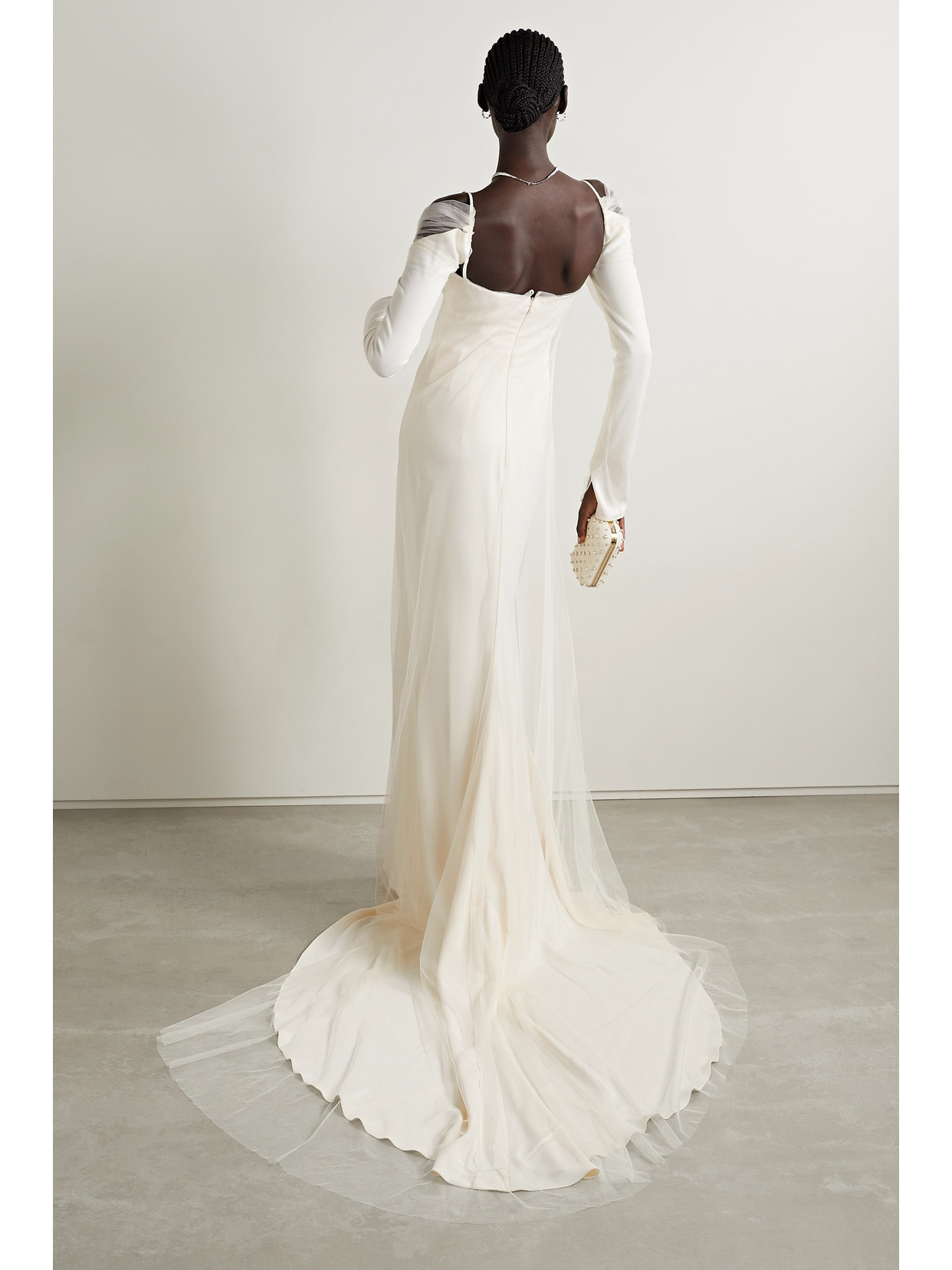Danielle Frankel Leona Cold-shoulder Cady And Tulle Gown In Ivory