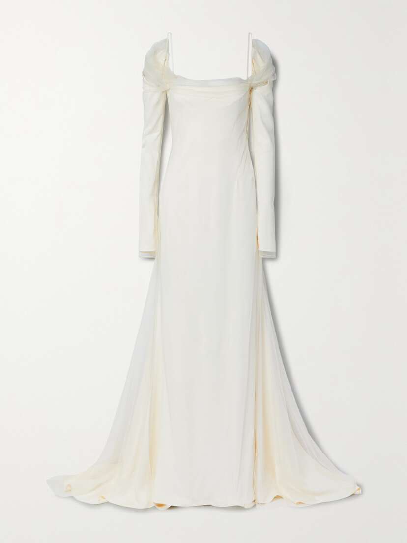 Danielle Frankel Leona Cold-shoulder Cady And Tulle Gown