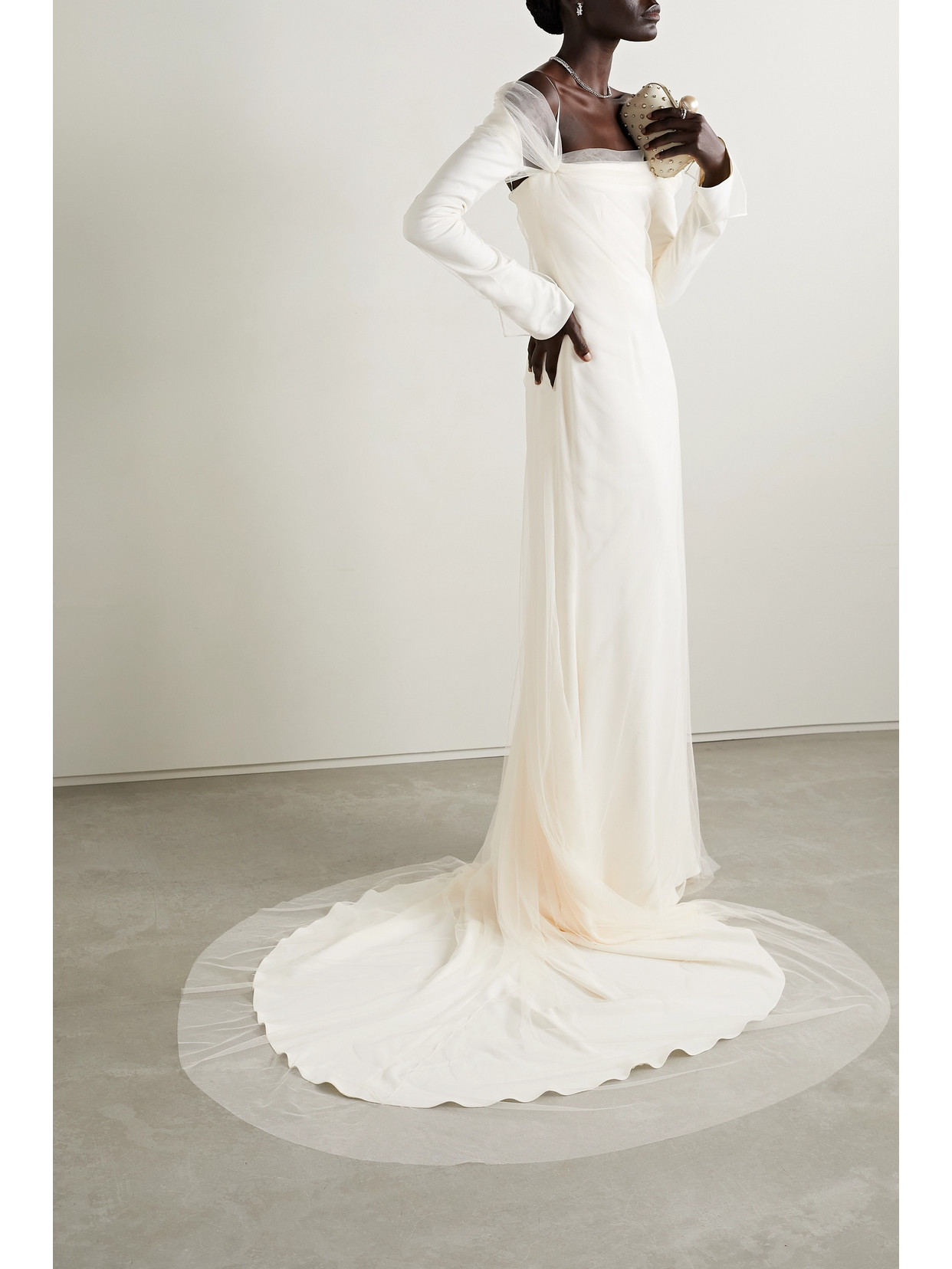 Danielle Frankel Leona Cold-shoulder Cady And Tulle Gown In Ivory