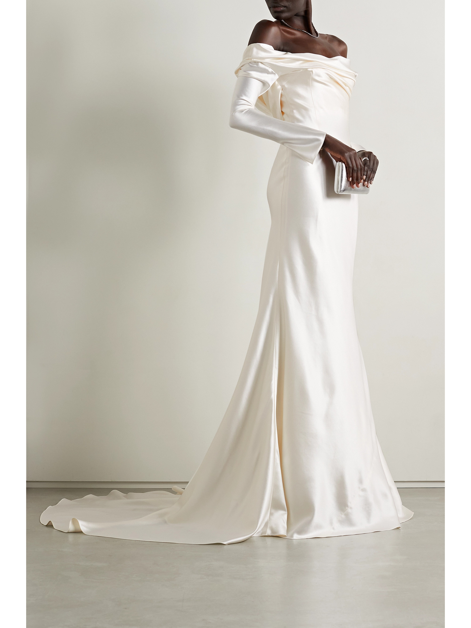 Danielle Frankel Noa off-the-shoulder draped wool and silk-blend charmeuse gown