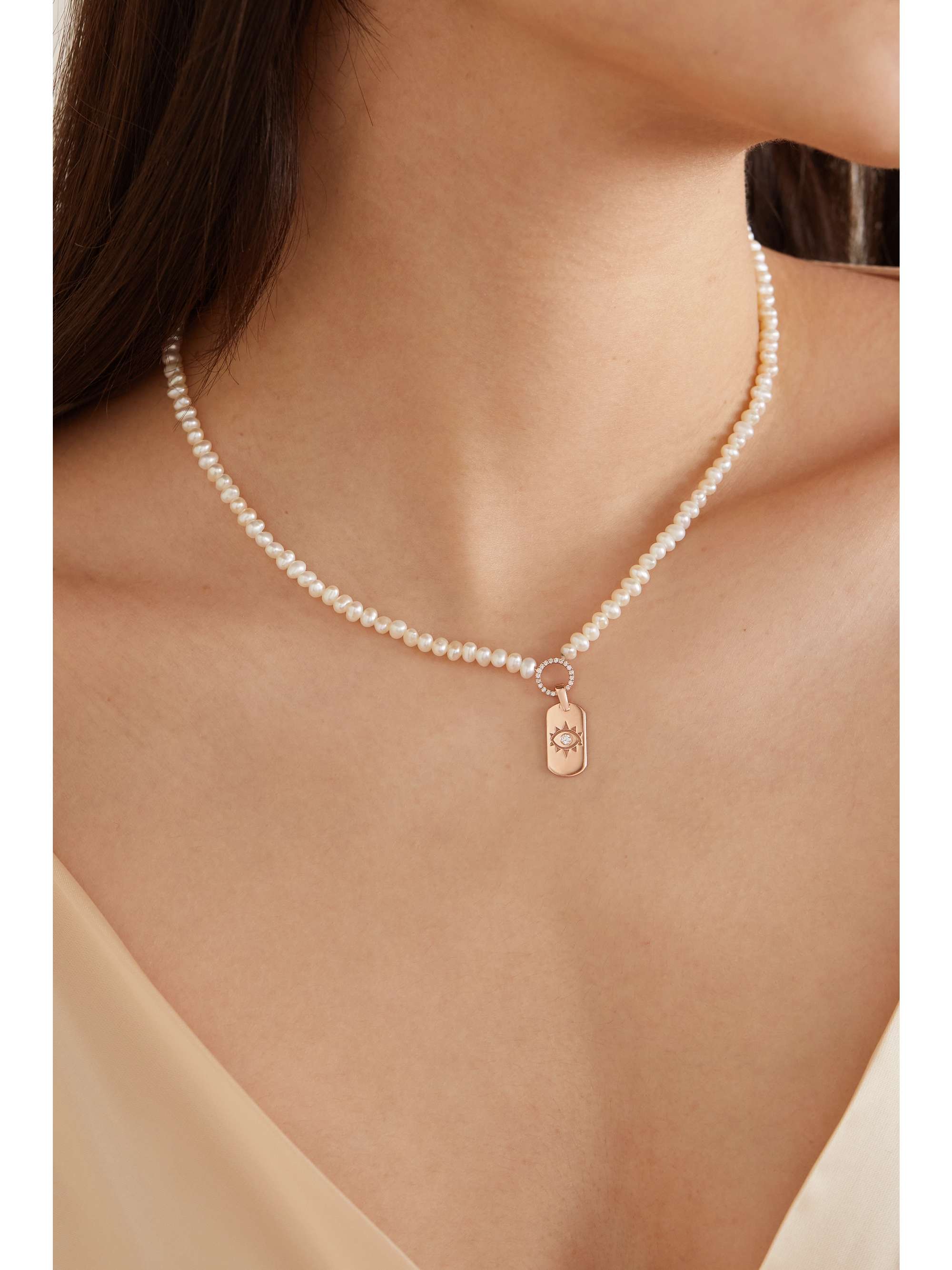 DIANE KORDAS Evil Eye 14-karat rose gold, pearl and diamond necklace