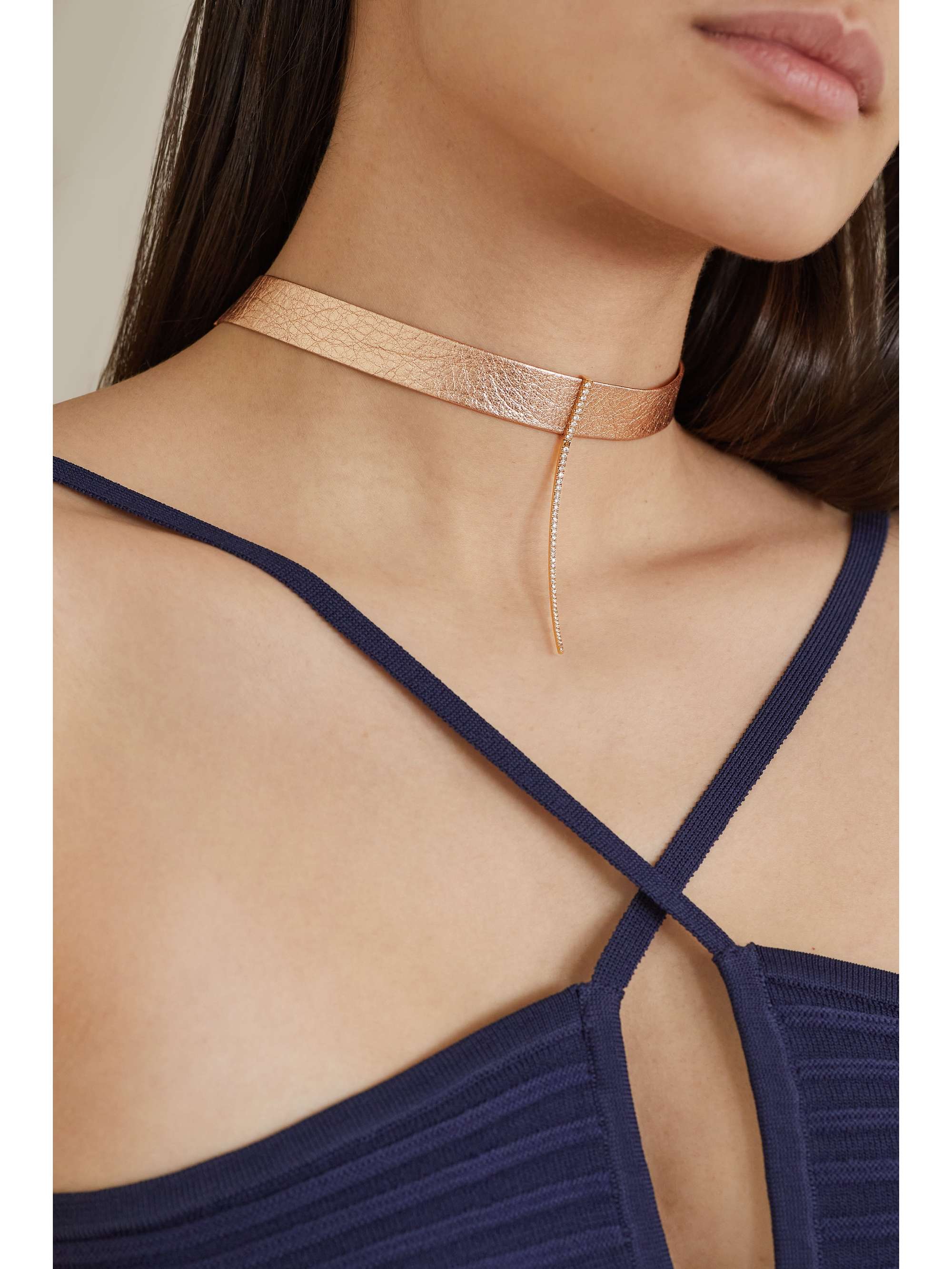 DIANE KORDAS Snake-effect faux leather, 18-karat white gold and diamond choker