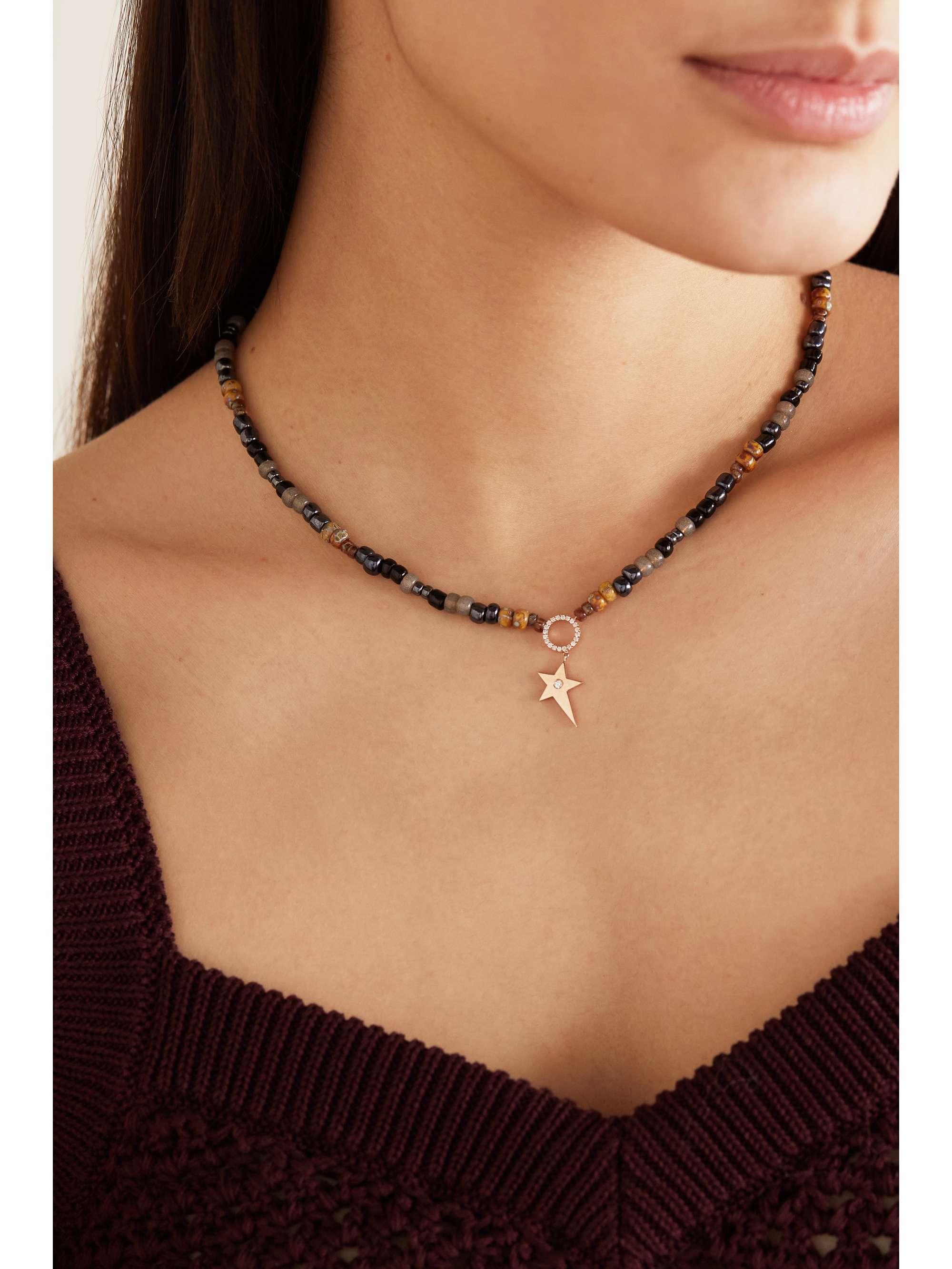 DIANE KORDAS 14-karat rose gold, bead and diamond necklace