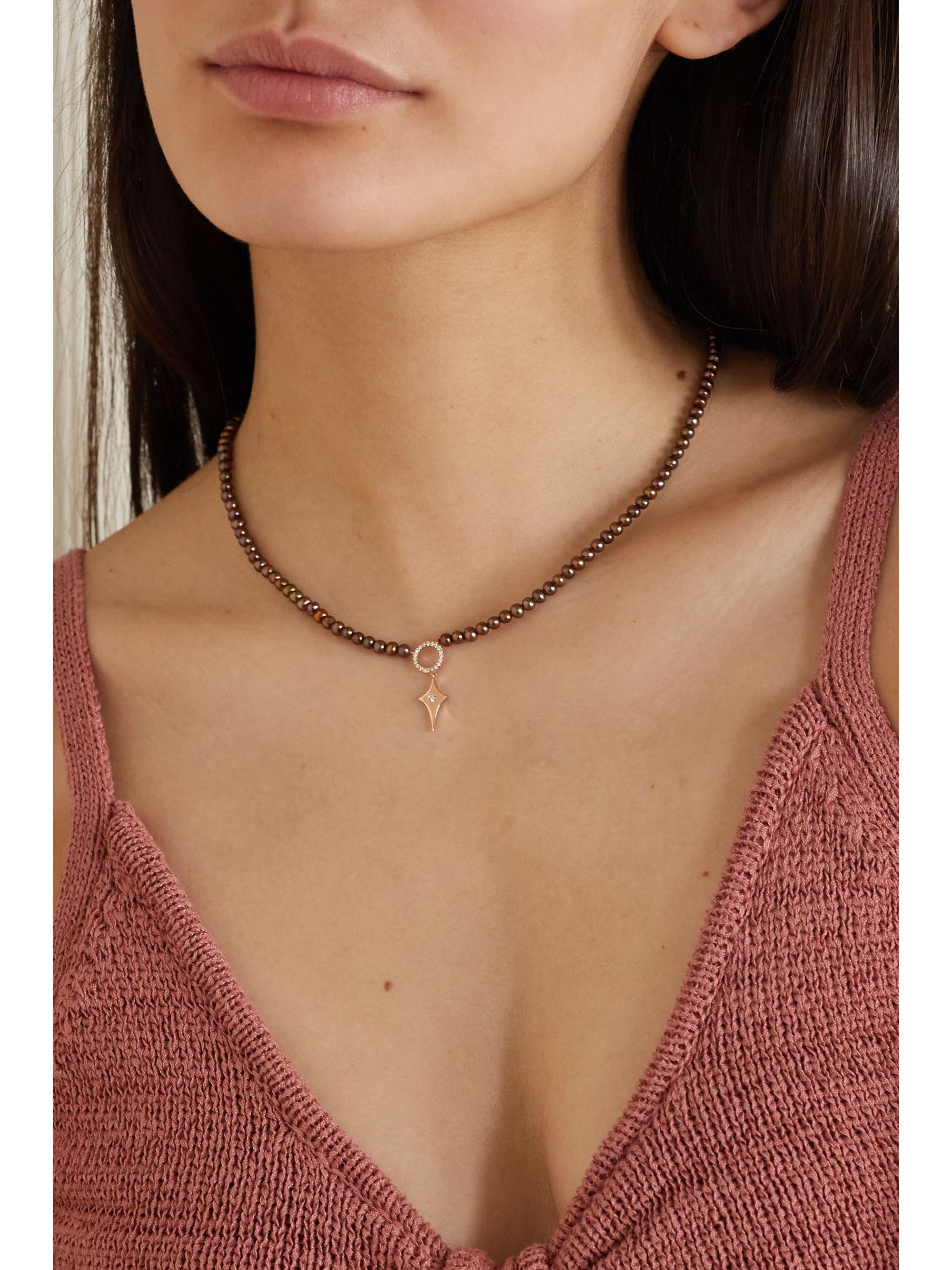 DIANE KORDAS 14-karat rose gold, pearl and diamond necklace