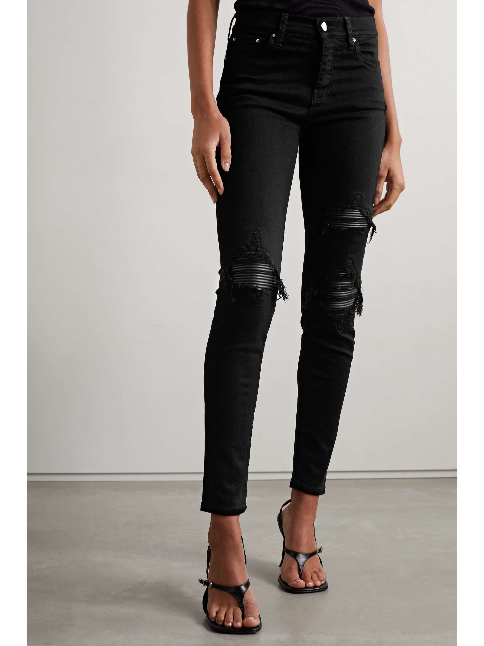 AMIRI MX1 leather-trimmed distressed high-rise slim-leg jeans
