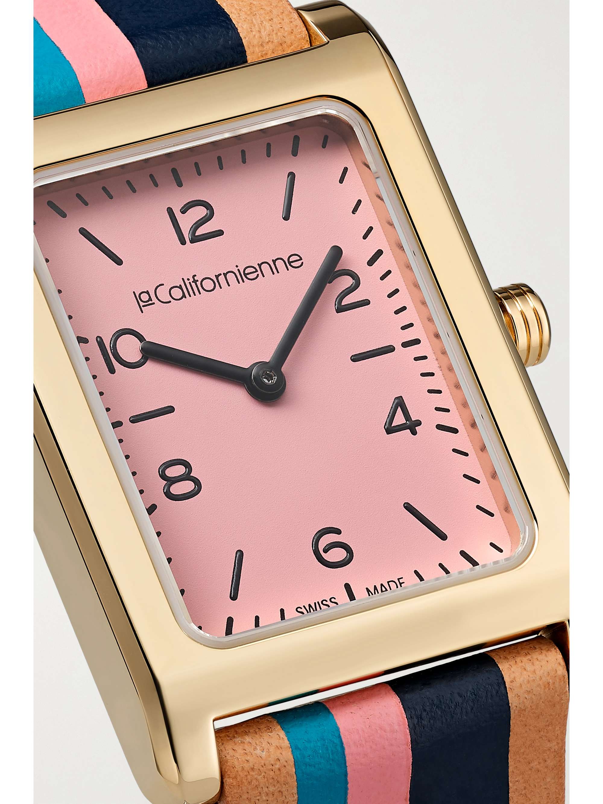 LA CALIFORNIENNE Montre en plaqué or à bracelet en cuir à rayures Daybreak, 24 mm