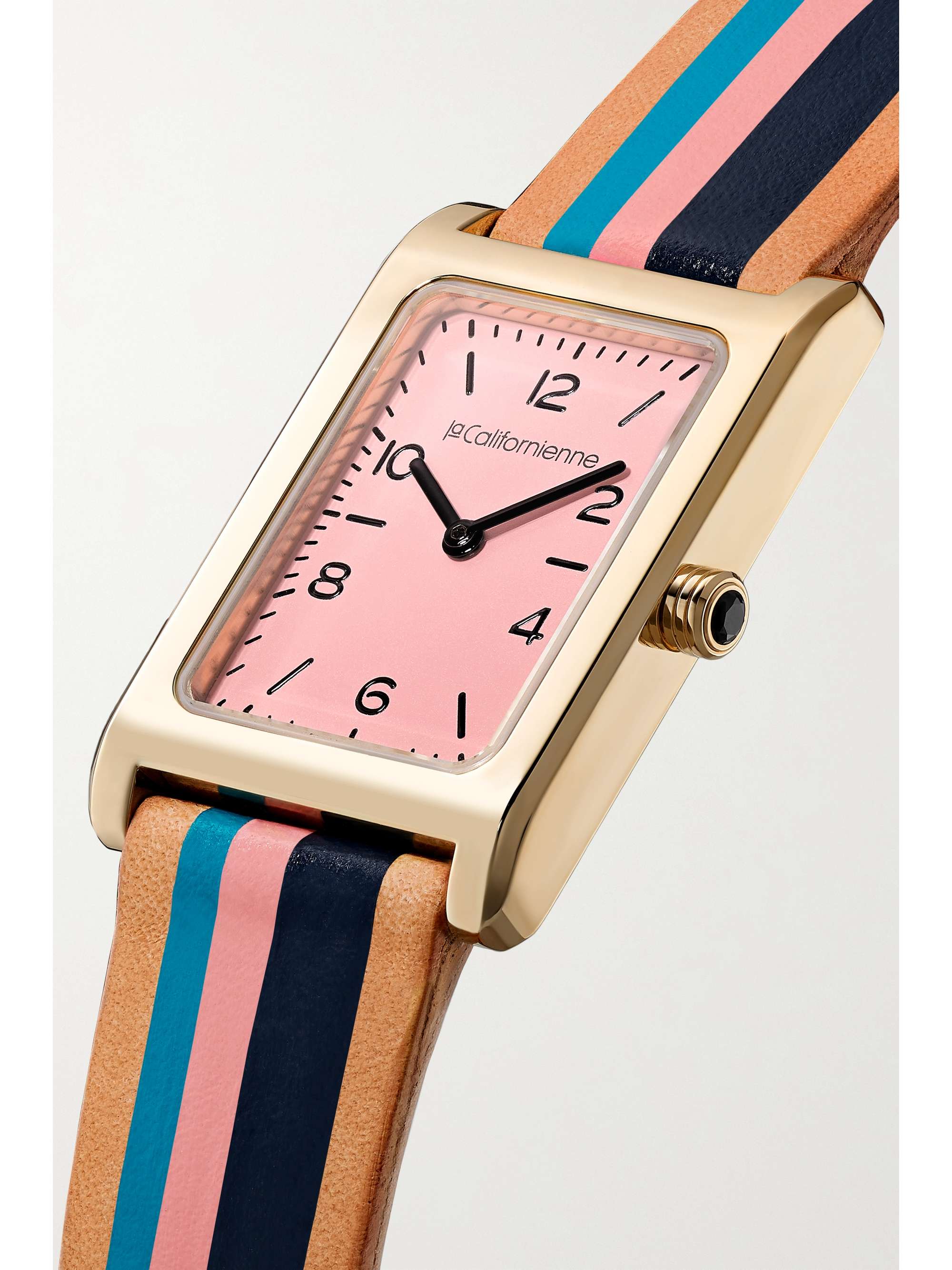 LA CALIFORNIENNE Montre en plaqué or à bracelet en cuir à rayures Daybreak, 24 mm