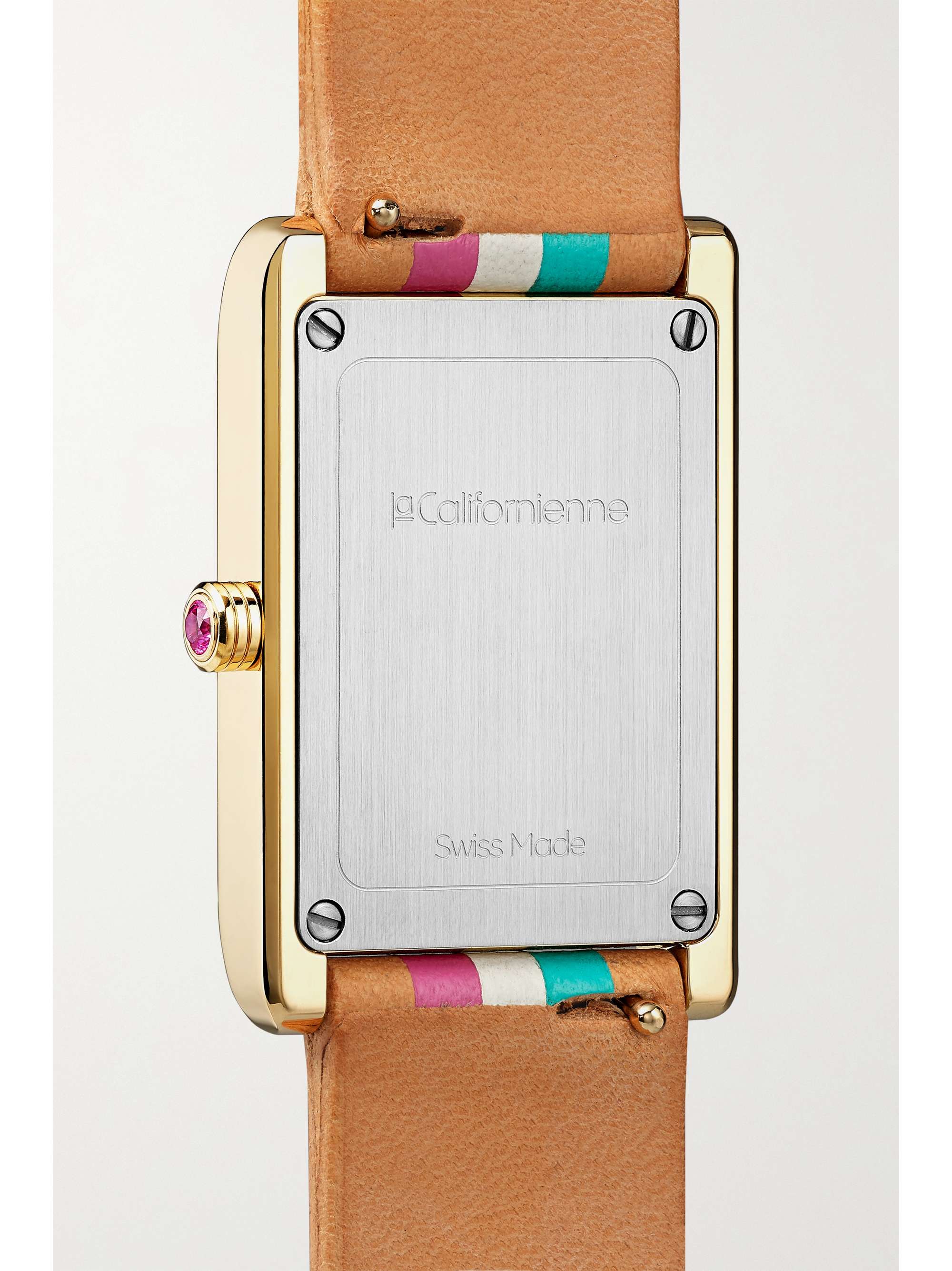 LA CALIFORNIENNE Montre en plaqué or à bracelet en cuir à rayures Daybreak, 24 mm