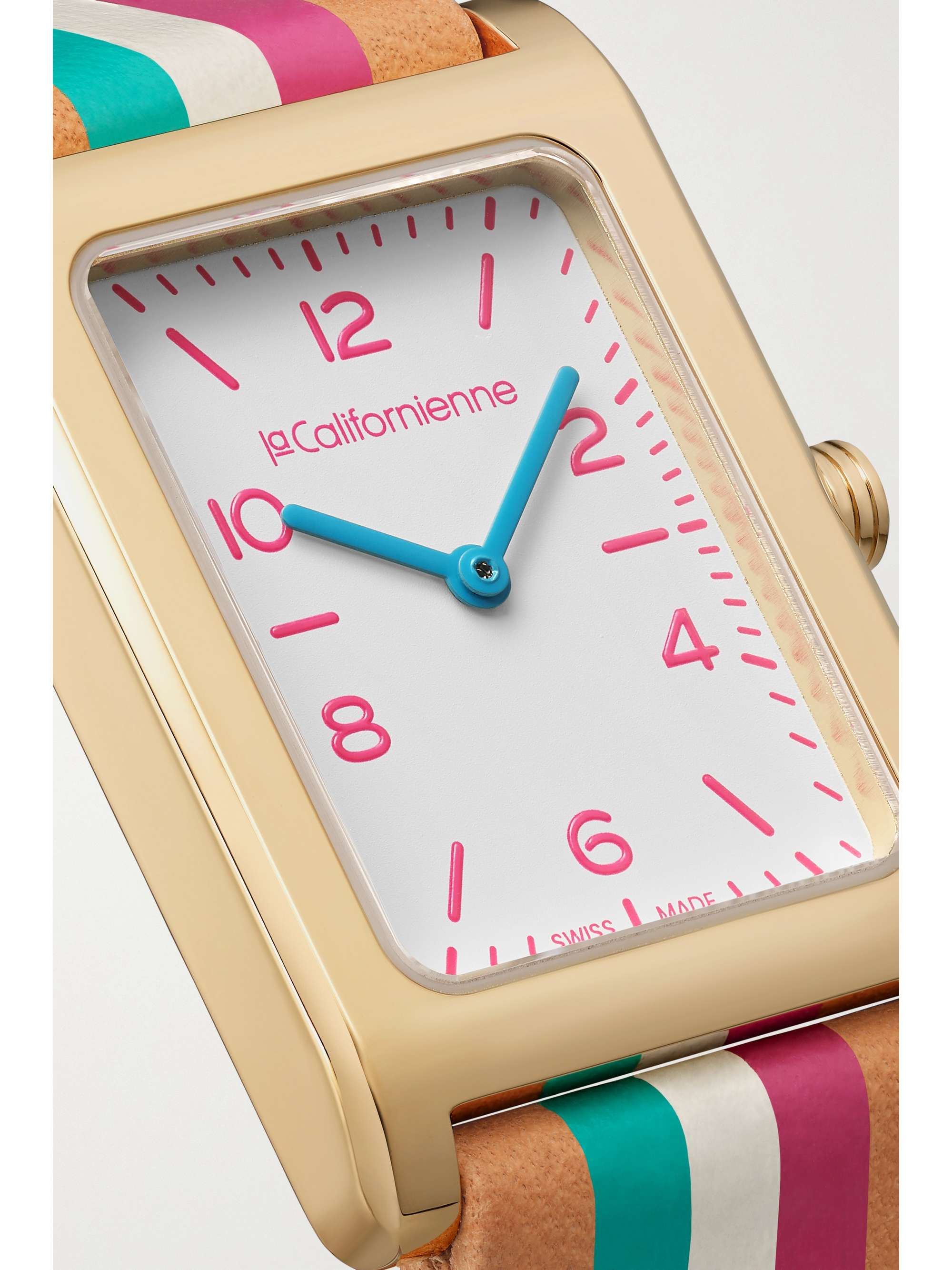 LA CALIFORNIENNE Montre en plaqué or à bracelet en cuir à rayures Daybreak, 24 mm