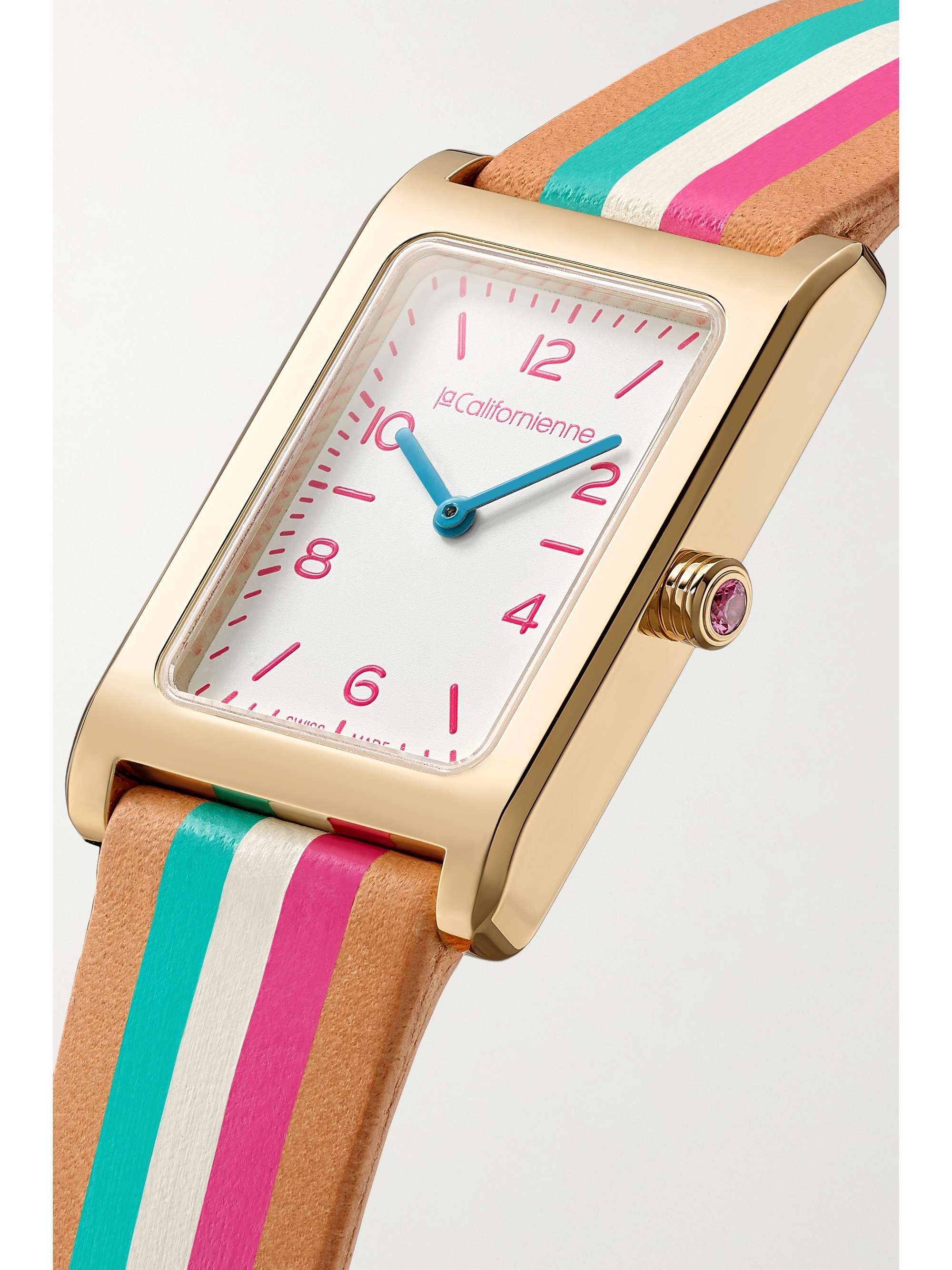 LA CALIFORNIENNE Montre en plaqué or à bracelet en cuir à rayures Daybreak, 24 mm