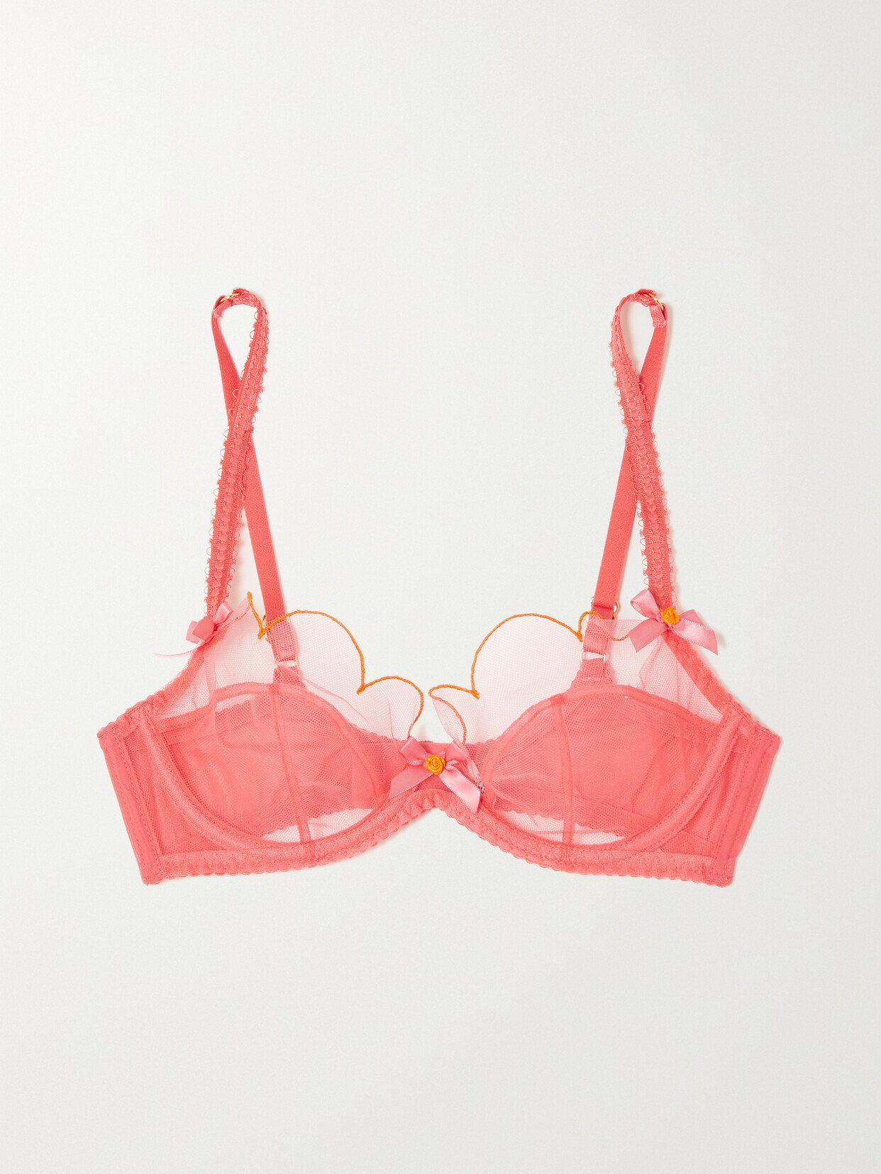 Shop Agent Provocateur Lorna Bow-embellished Embroidered Tulle Underwired Soft-cup Bra In Orange