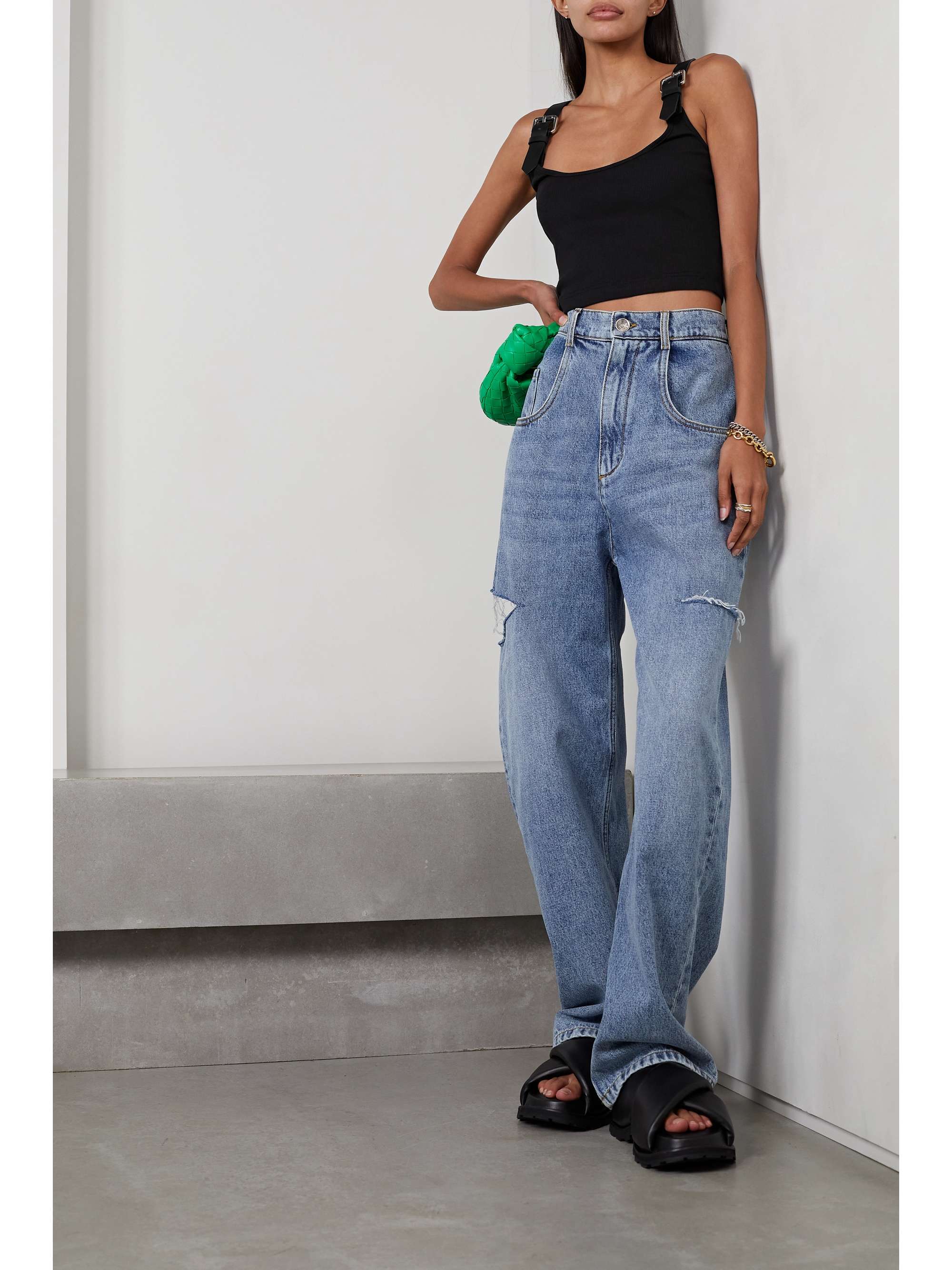Black Leather-trimmed ribbed cotton and 