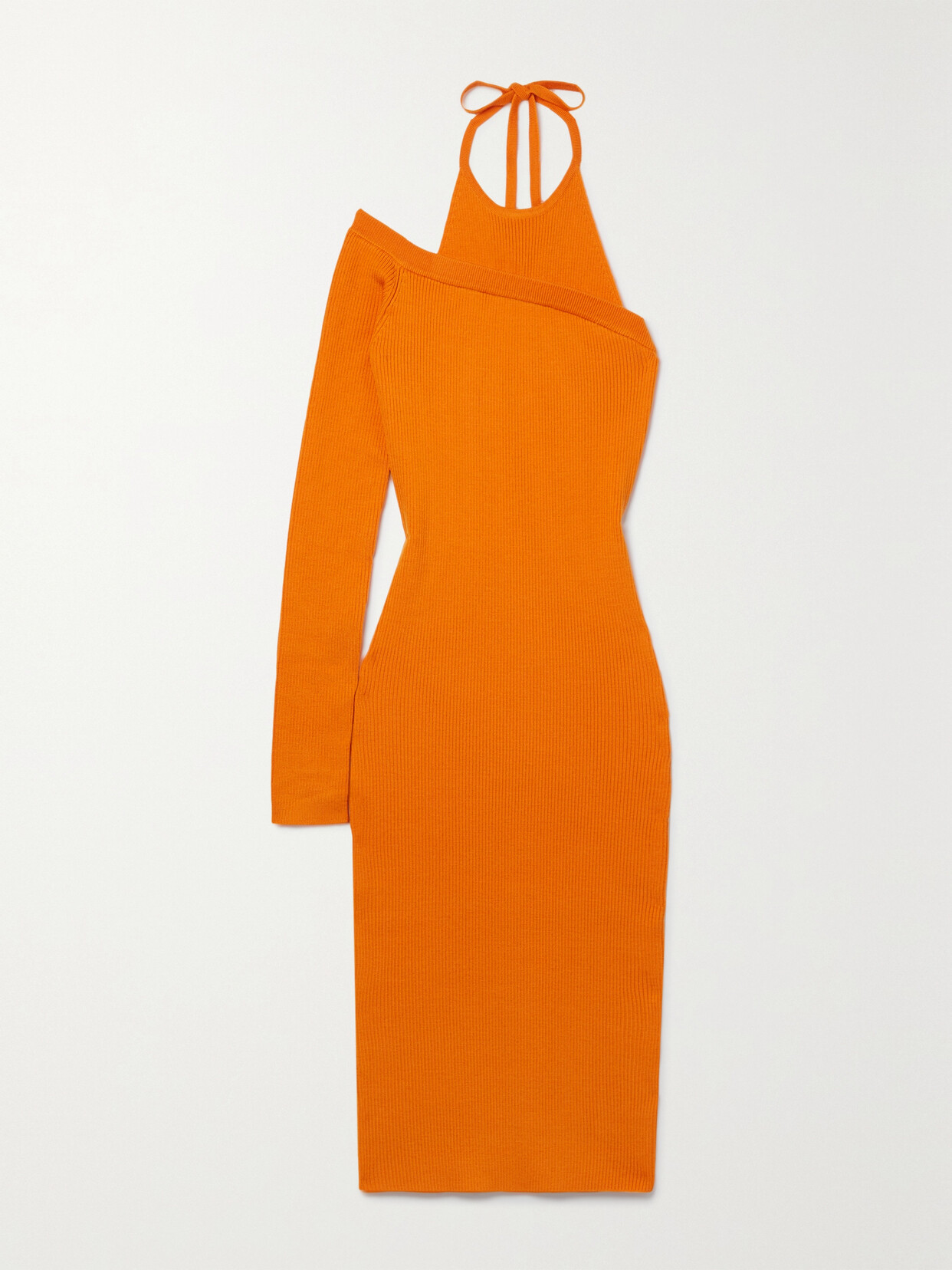 Shop Monse One-sleeve Ribbed Wool-blend Halterneck Midi Dress In Orange