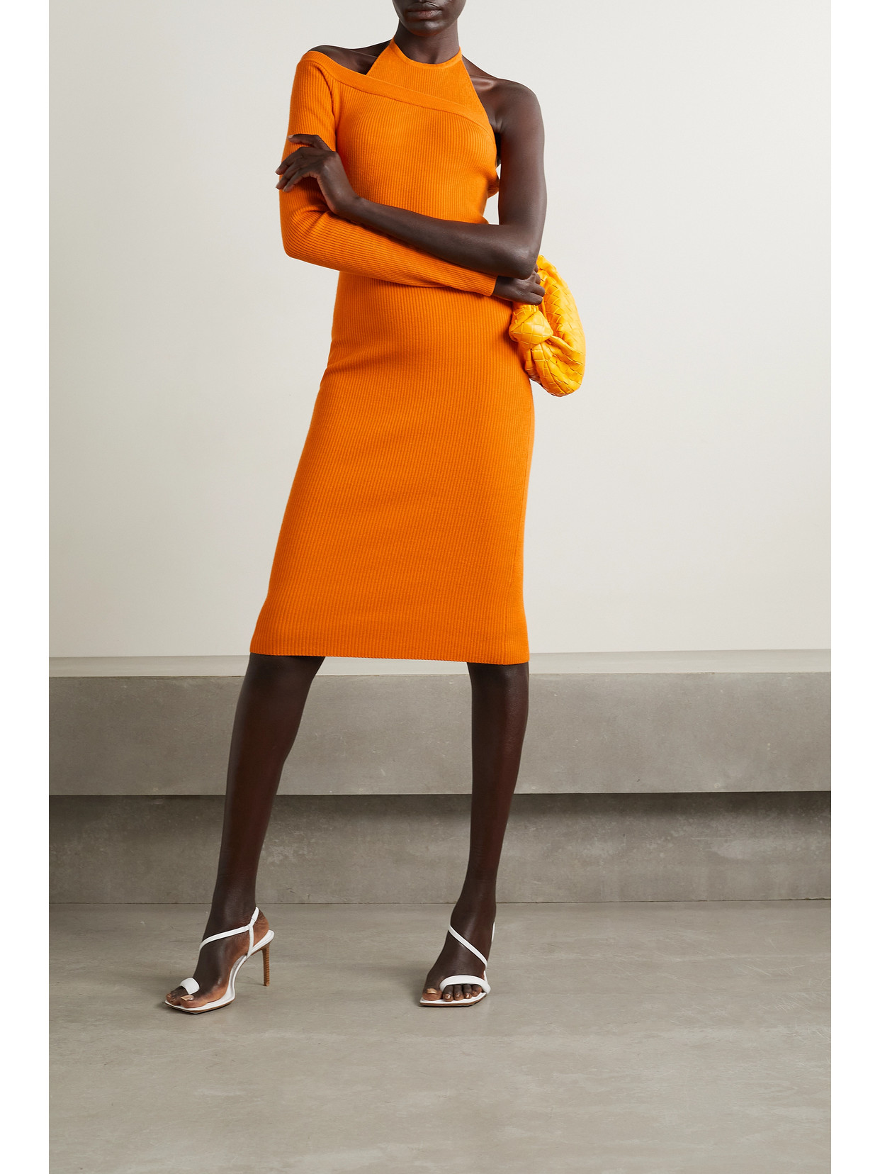 Shop Monse One-sleeve Ribbed Wool-blend Halterneck Midi Dress In Orange