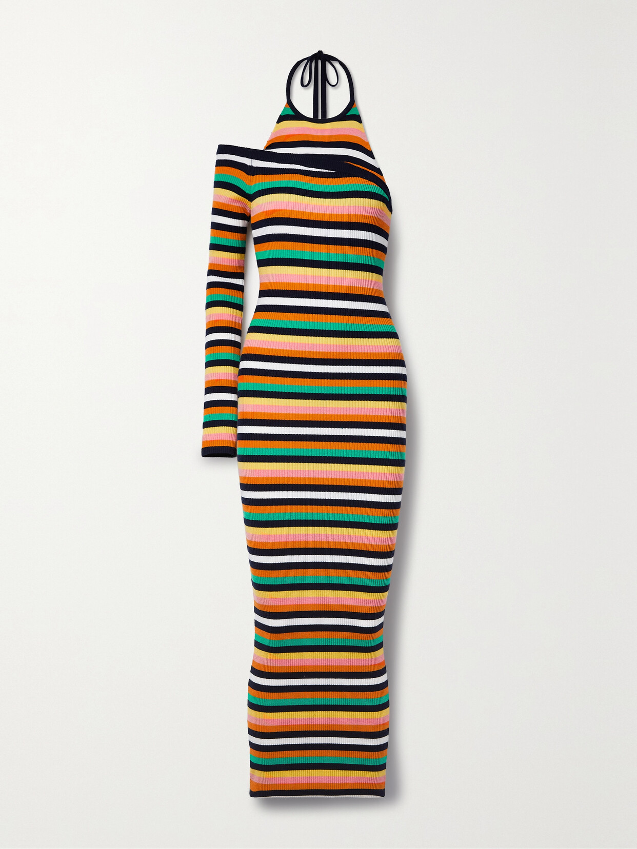 Monse One-sleeve Layered Striped Ribbed Stretch Wool-blend Halterneck Midi Dress