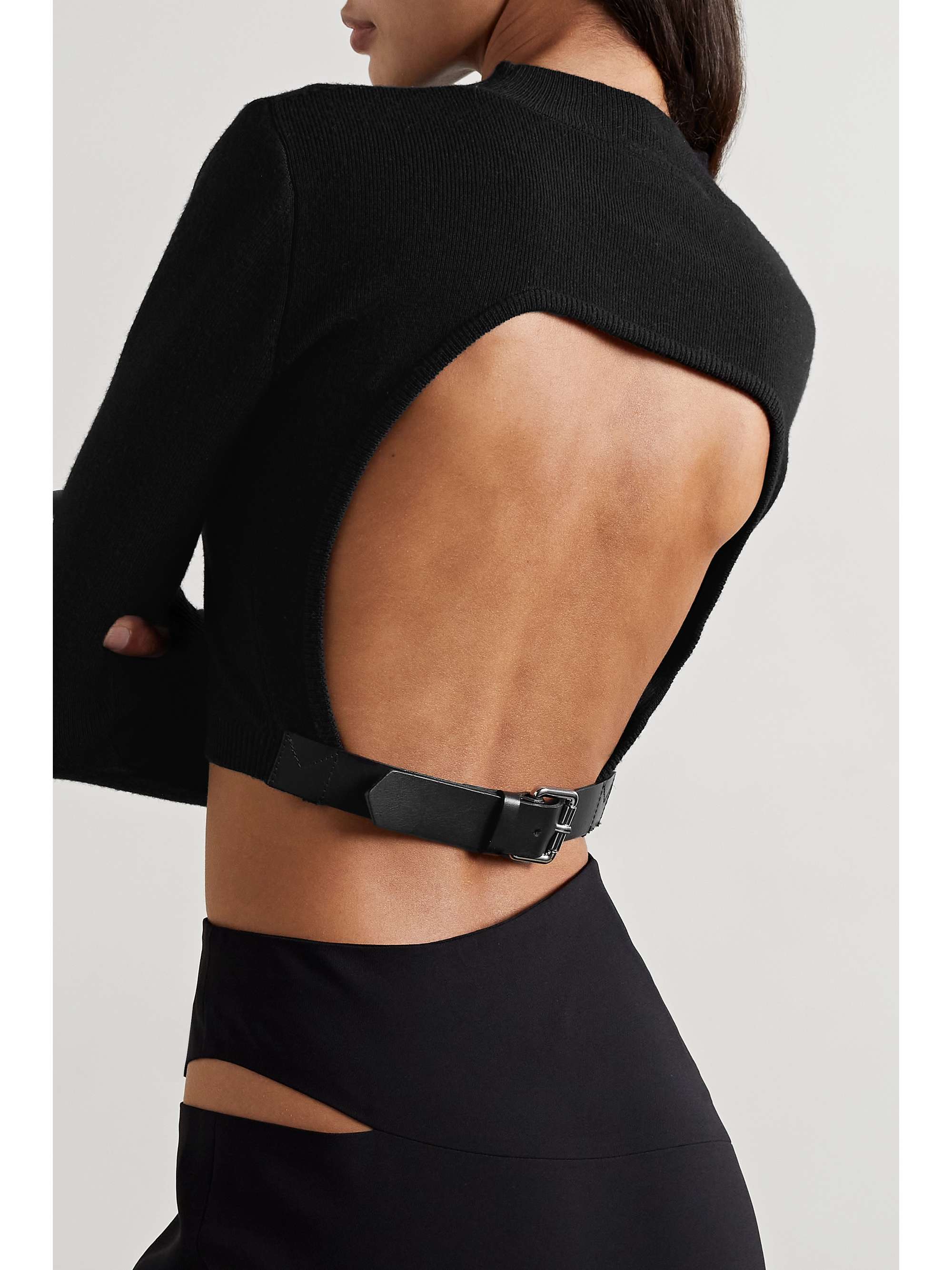 MONSE Cropped open-back leather-trimmed merino wool-blend top