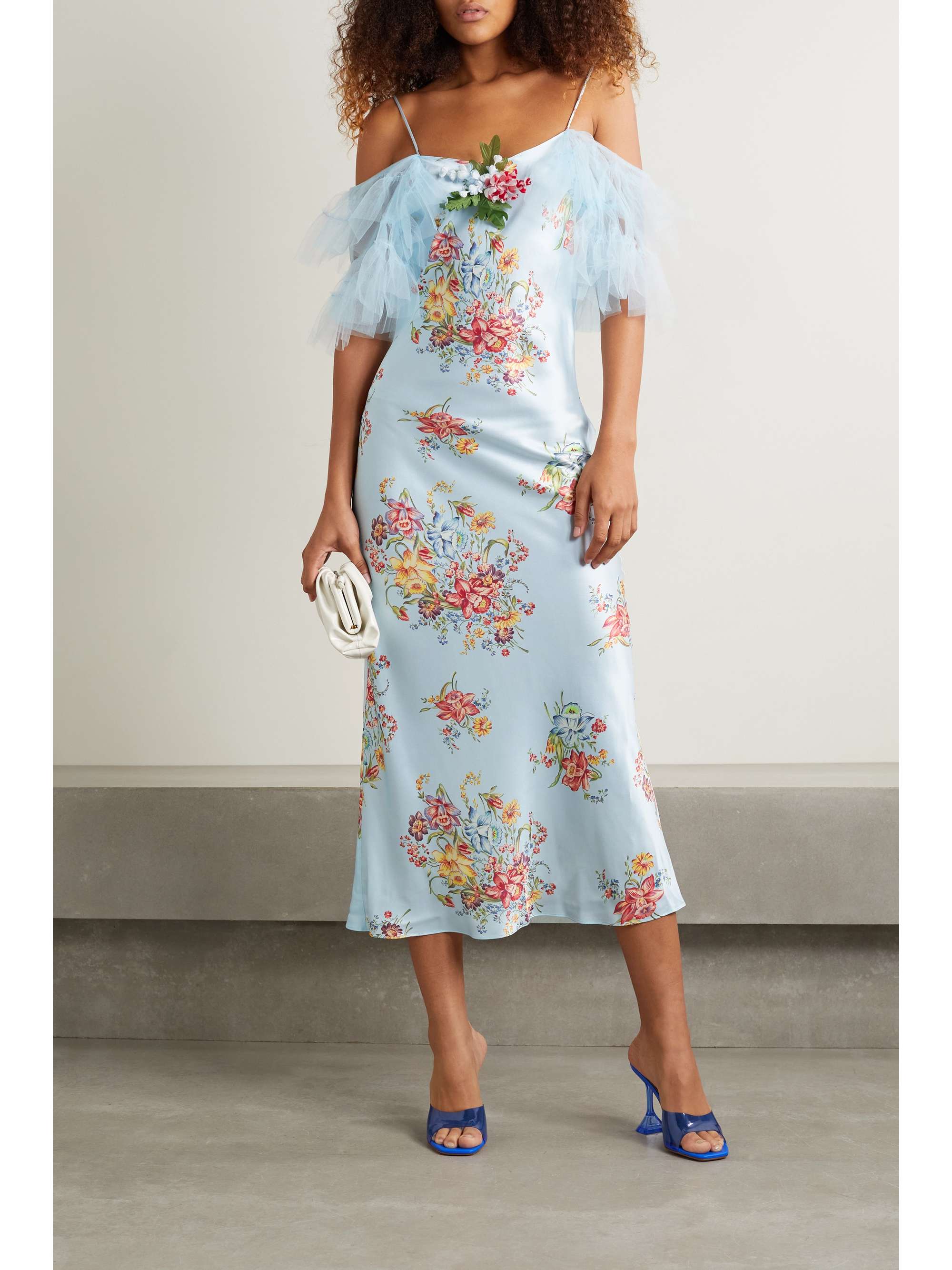 Blue Embellished tulle-trimmed floral 