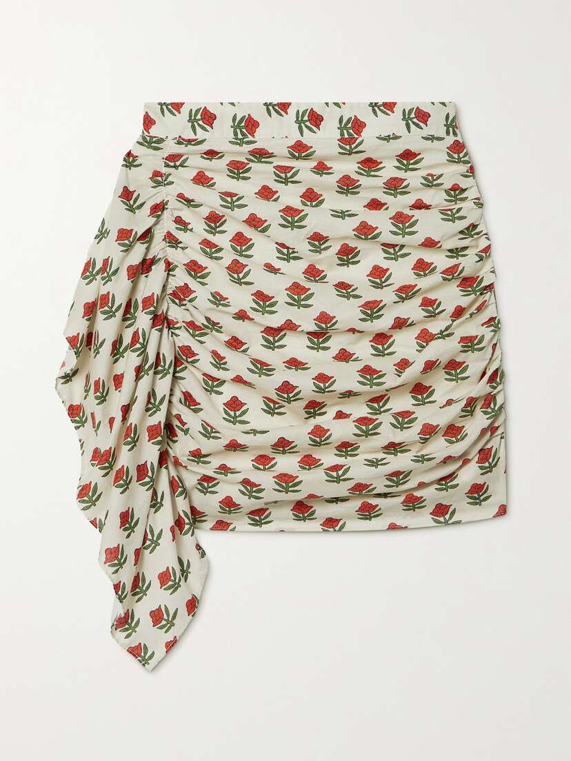 Rhode Hannah Draped Ruched Floral-print Cotton-voile Mini Skirt