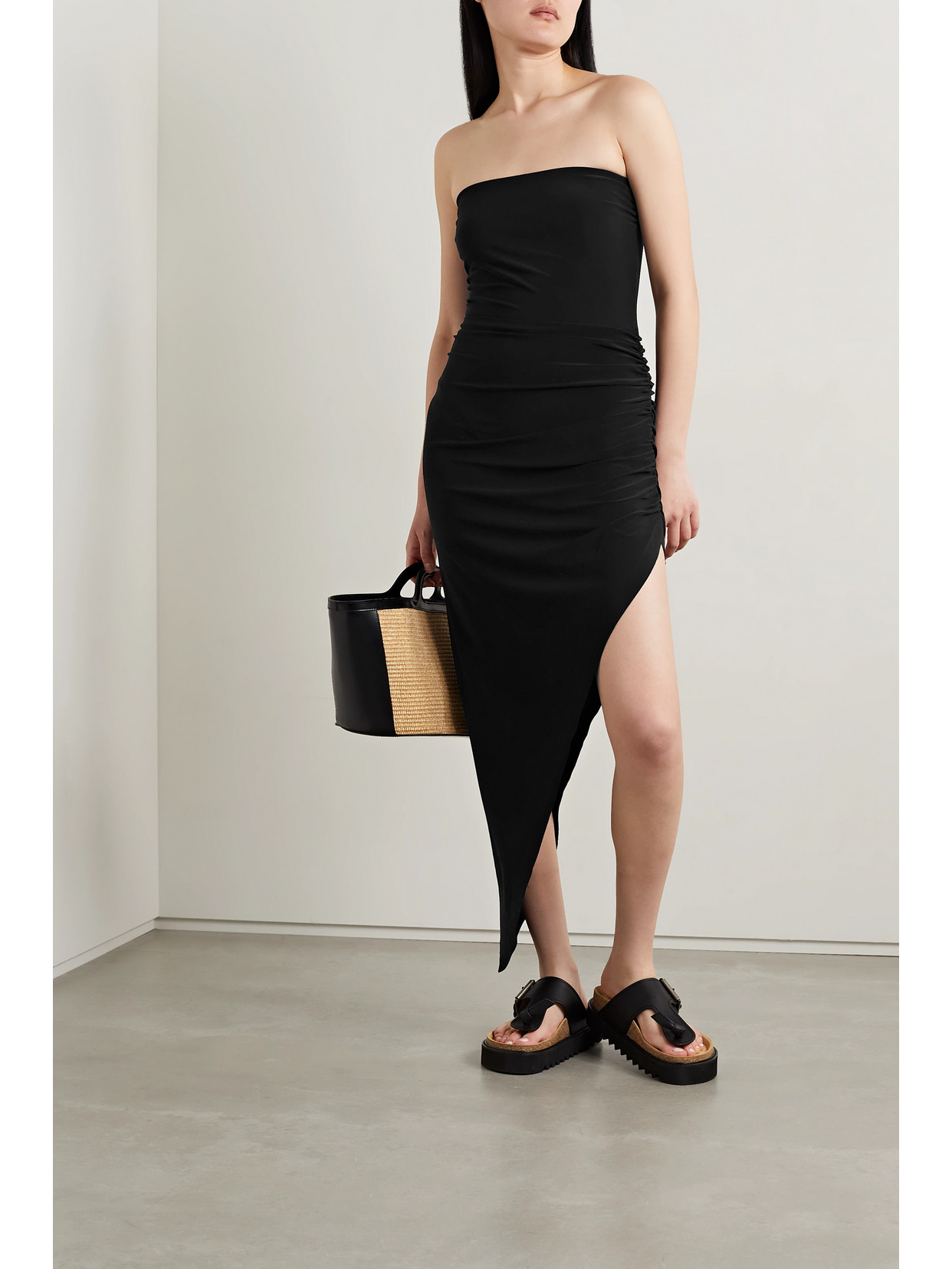 Norma Kamali Strapless Asymmetric Stretch-jersey Dress In Black