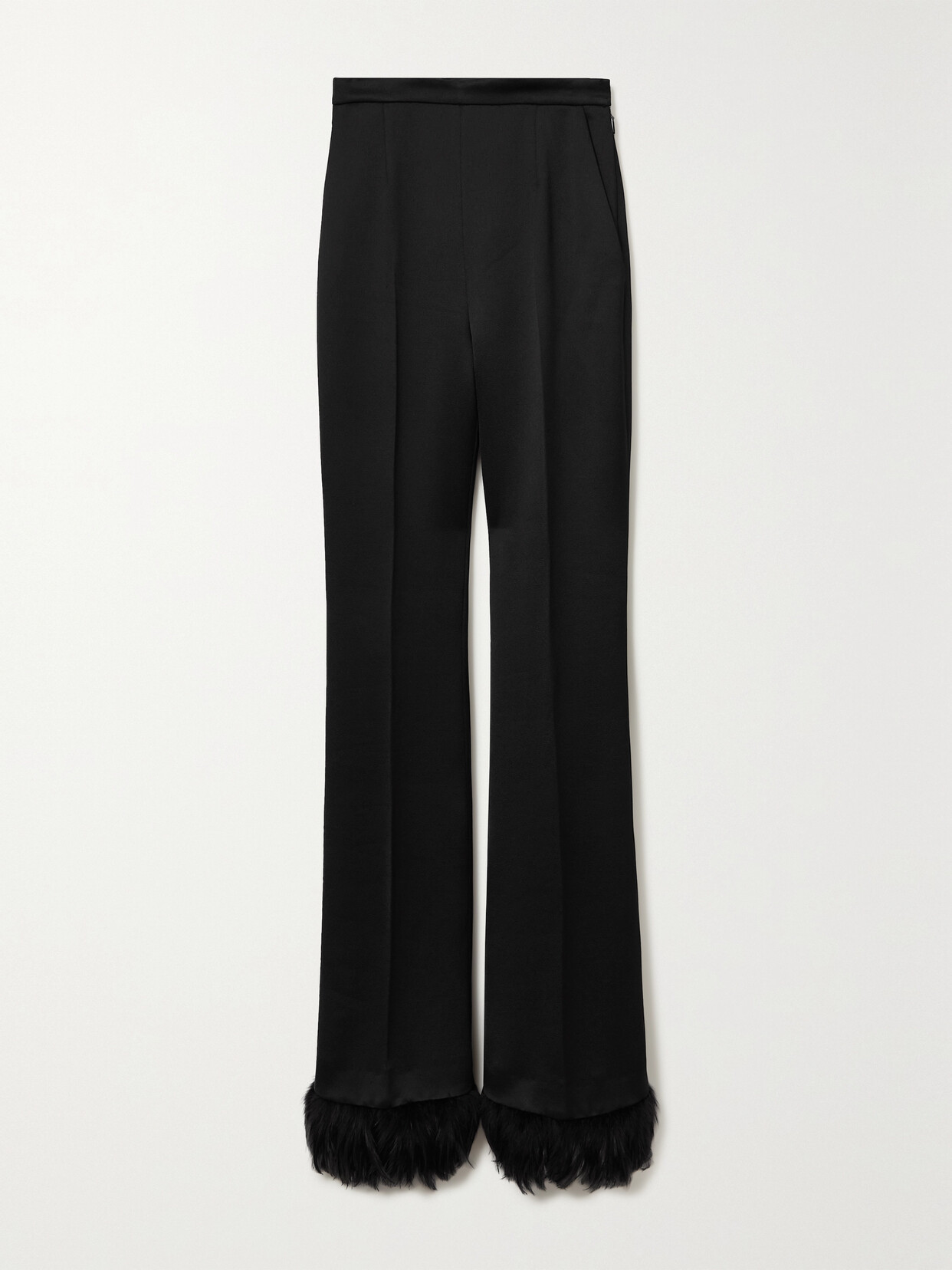 SAINT LAURENT Feather-trimmed Satin-crepe Straight-leg Pants - Black