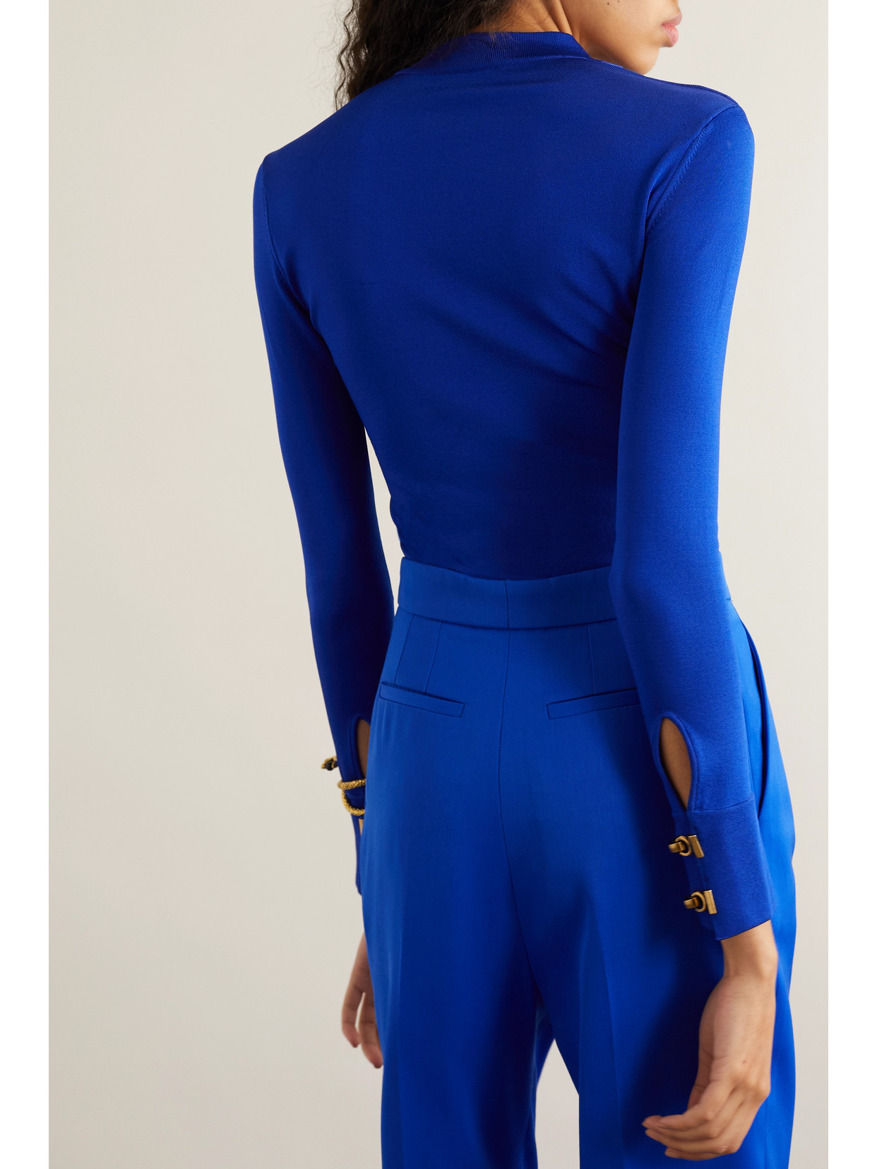 Saint Laurent Viscose Knit Sweater W/ Hook Details In Blue