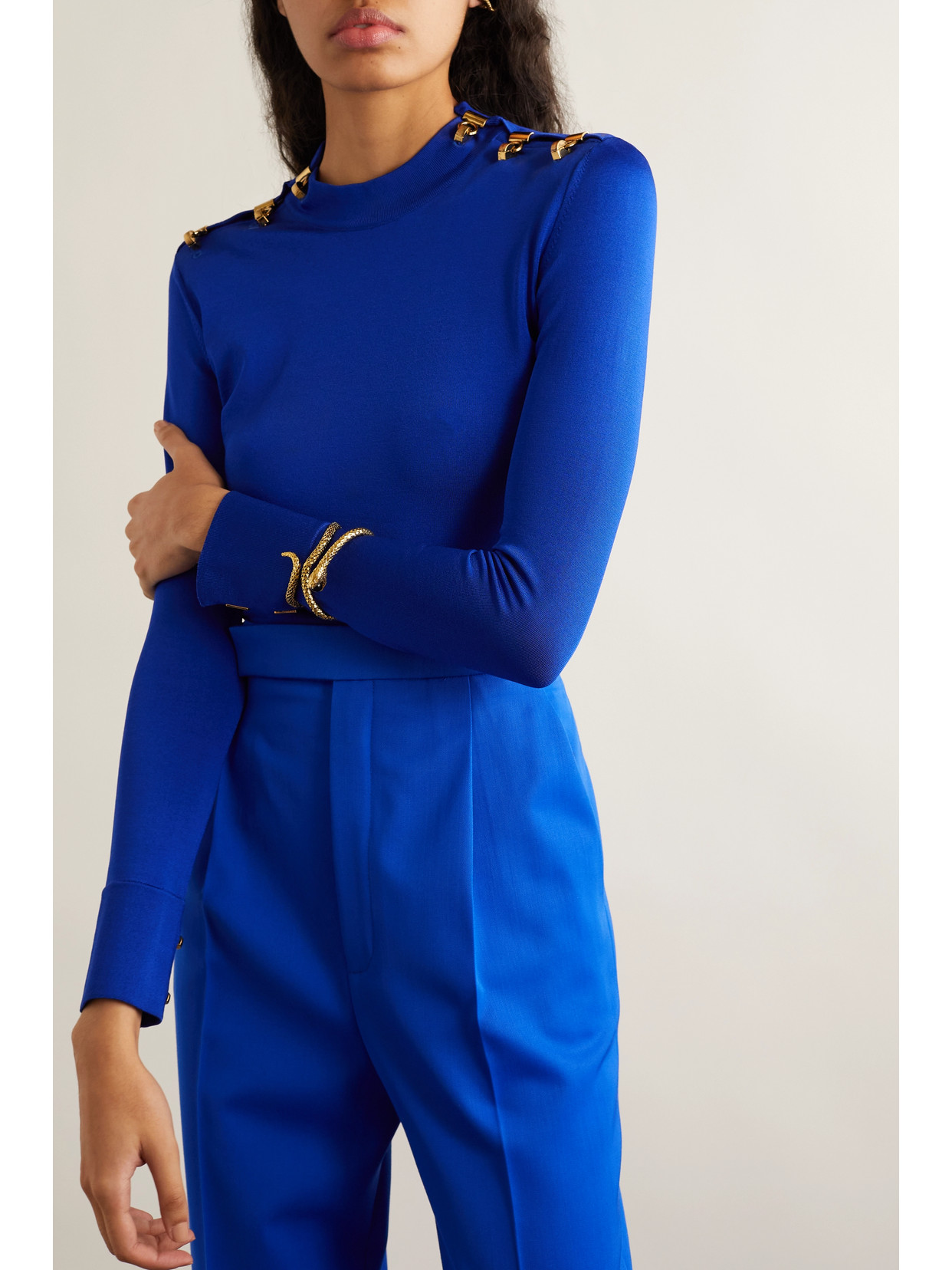 Shop Saint Laurent Embellished Stretch-knit Sweater In Blue