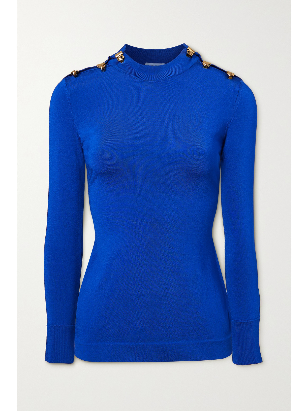 Shop Saint Laurent Embellished Stretch-knit Sweater In Blue