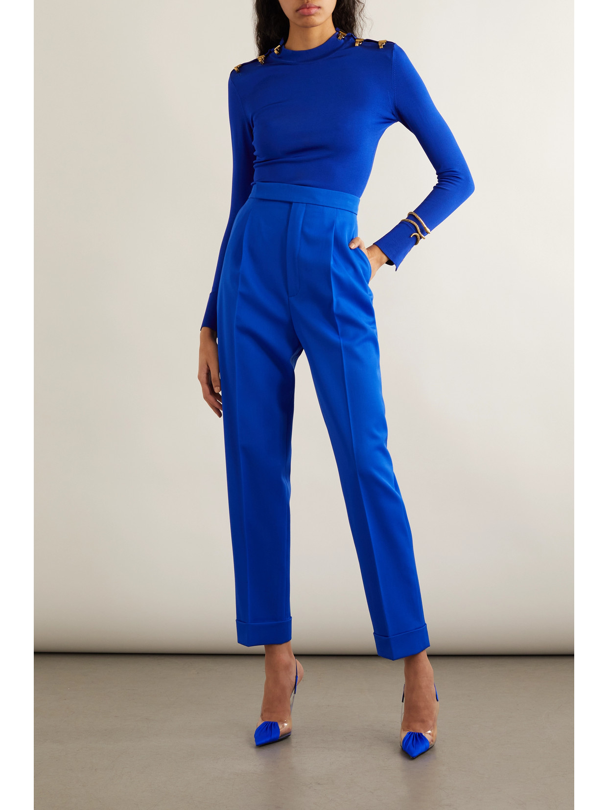 Saint Laurent Viscose Knit Sweater W/ Hook Details In Blue