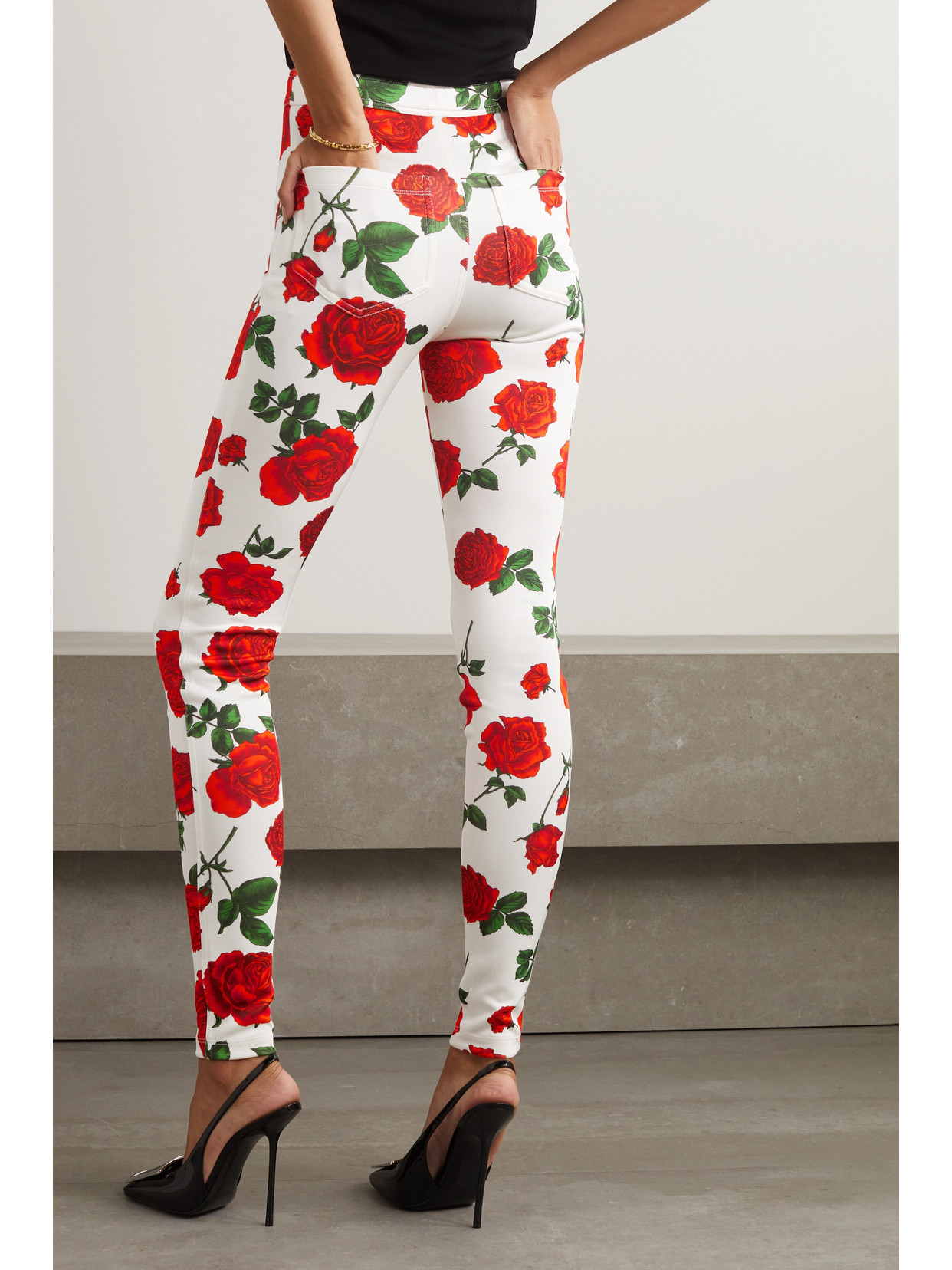 Shop Saint Laurent Floral-print Stretch-jersey Leggings In Red