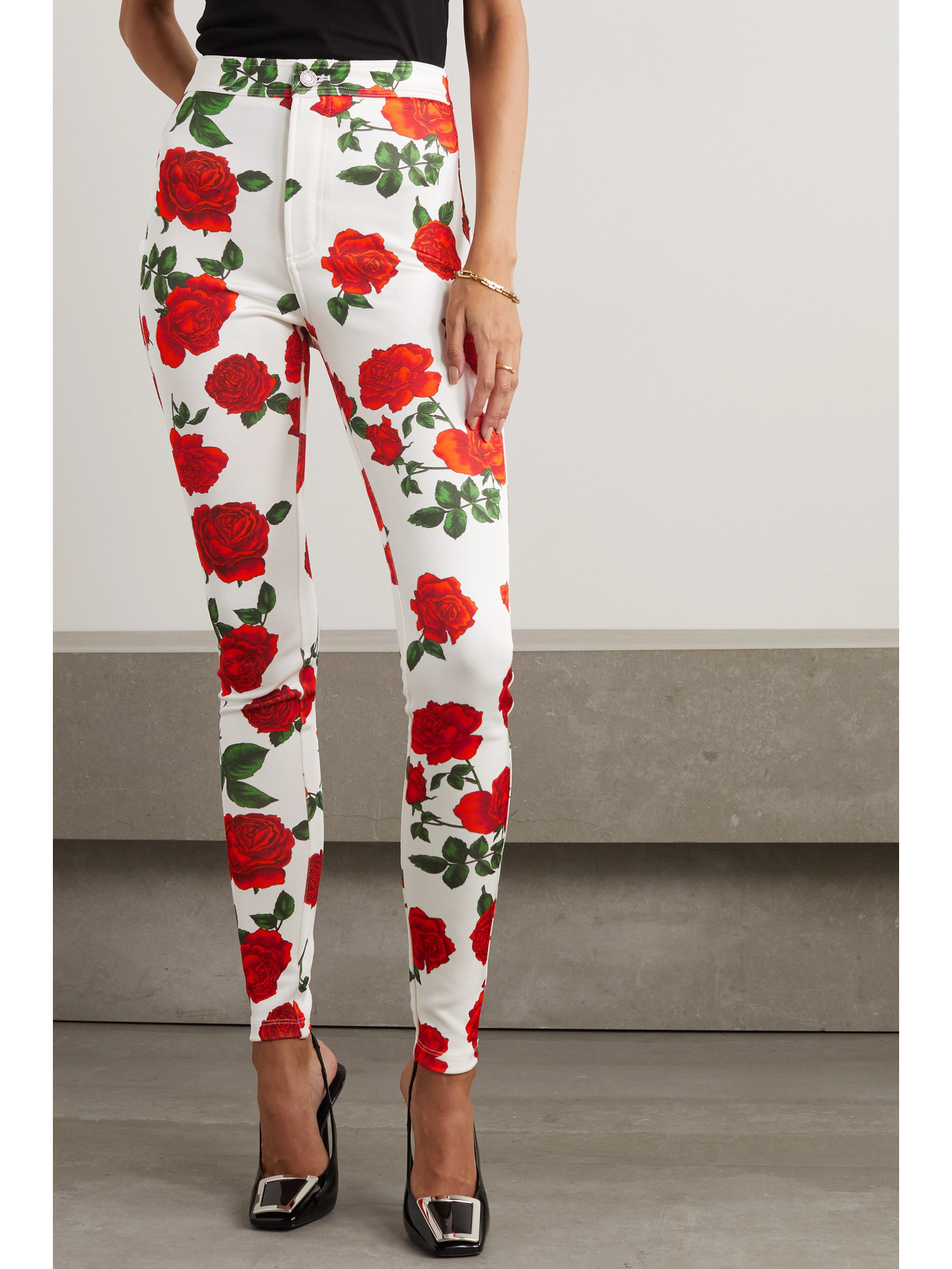 Shop Saint Laurent Floral-print Stretch-jersey Leggings In Red