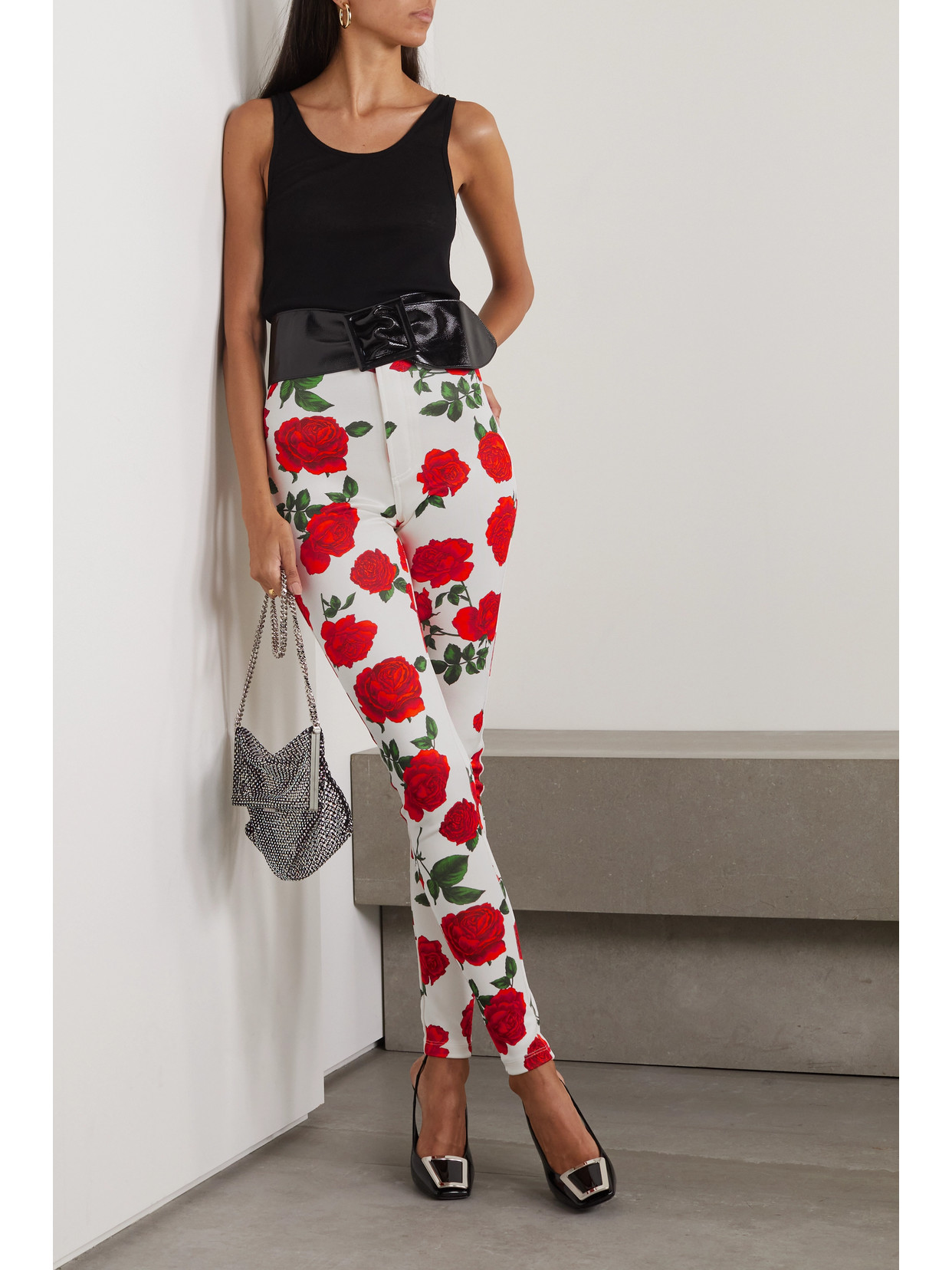 Shop Saint Laurent Floral-print Stretch-jersey Leggings In Red