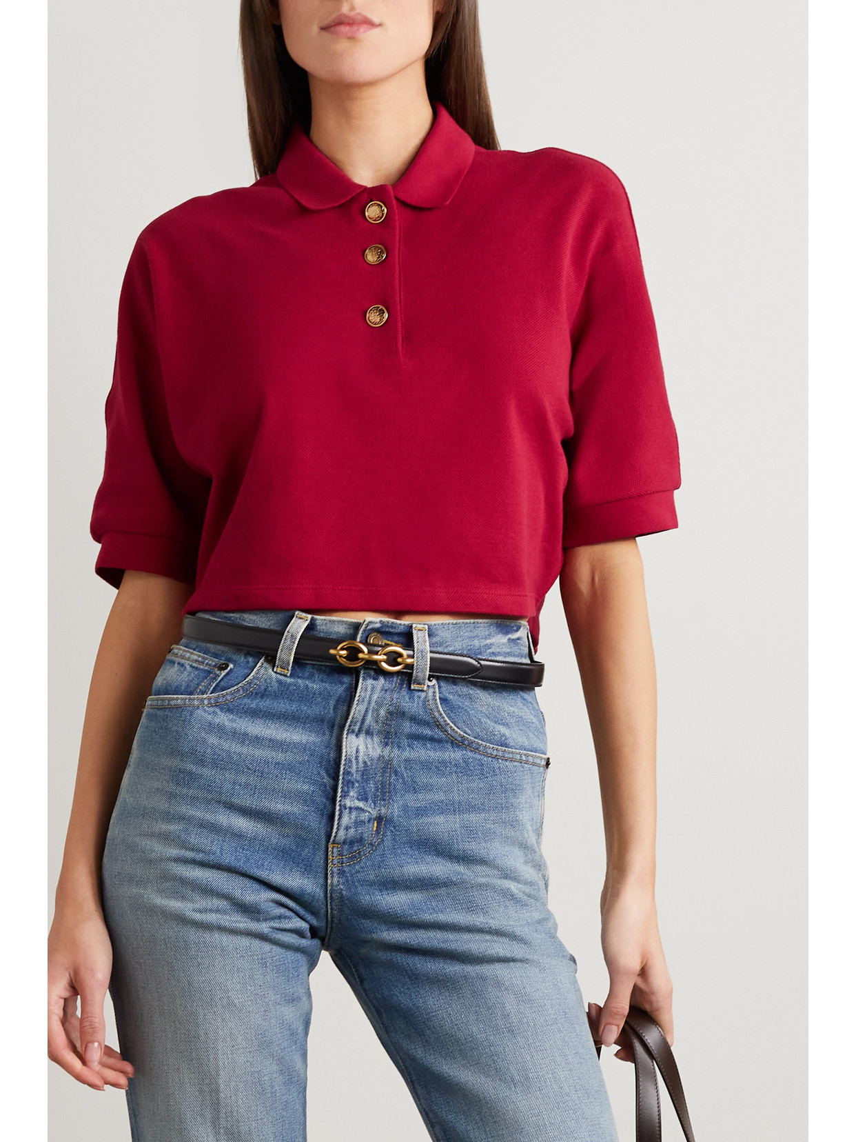 Saint Laurent Women's Cropped Polo Shirt In Cotton Pique In Red ModeSens