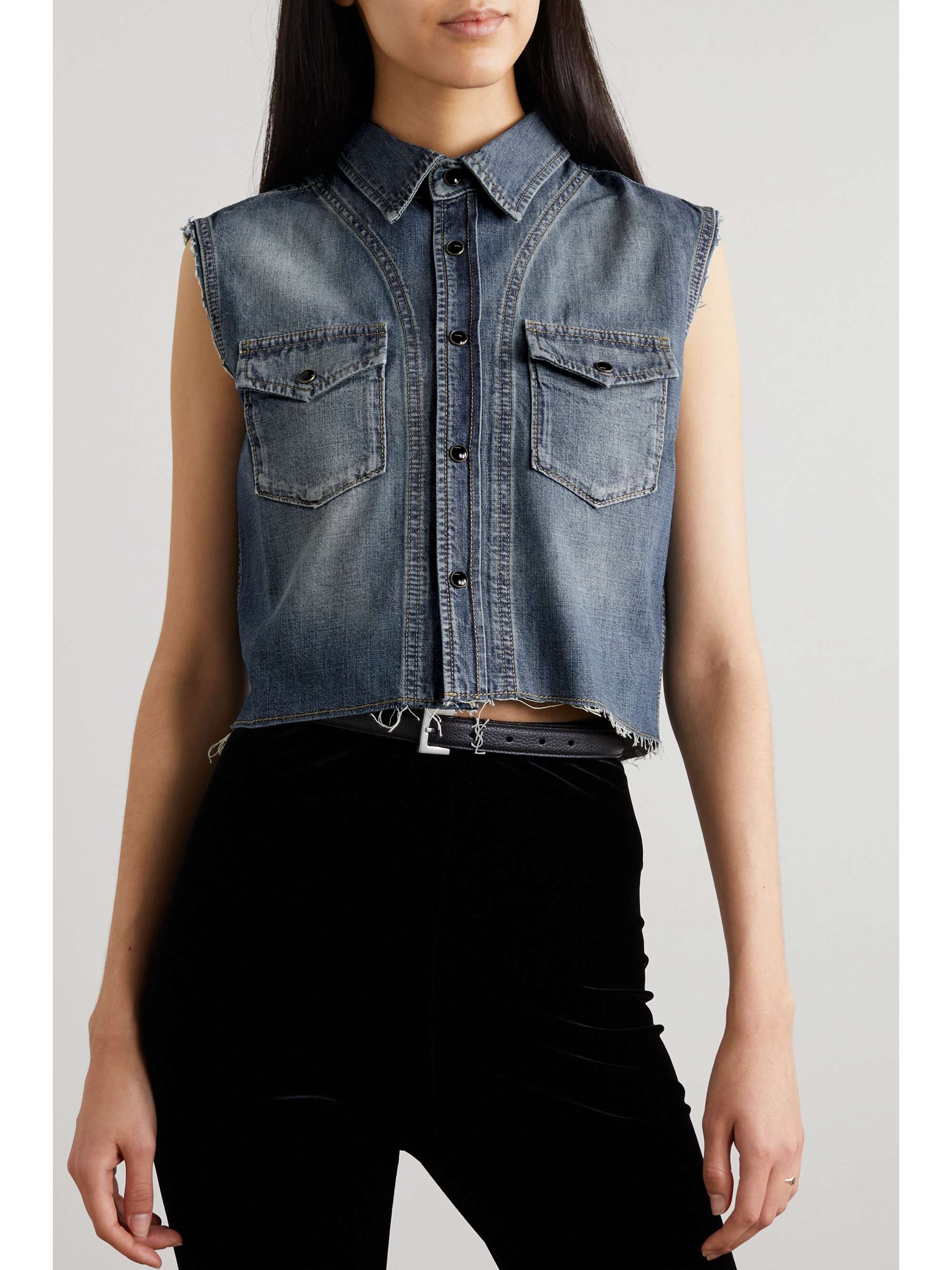 Mid denim Frayed denim vest | SAINT 