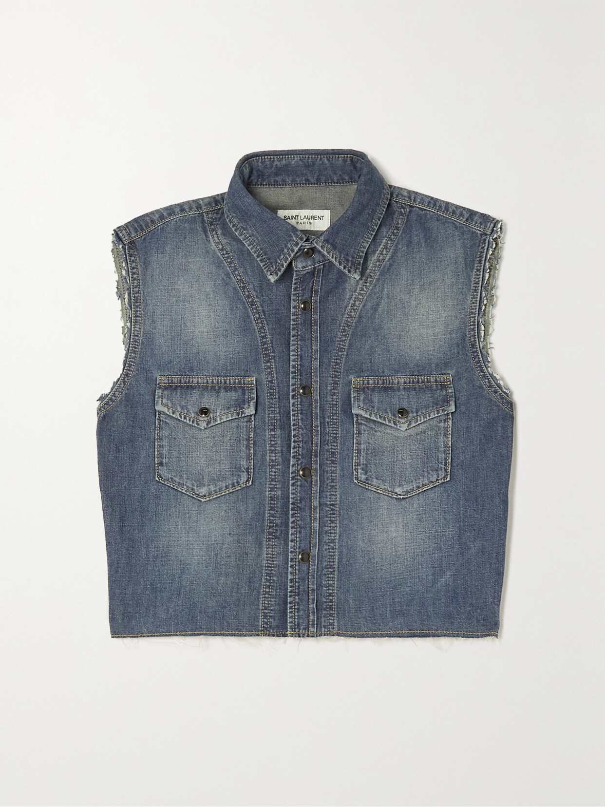 SAINT LAURENT Frayed Denim Vest - Blue