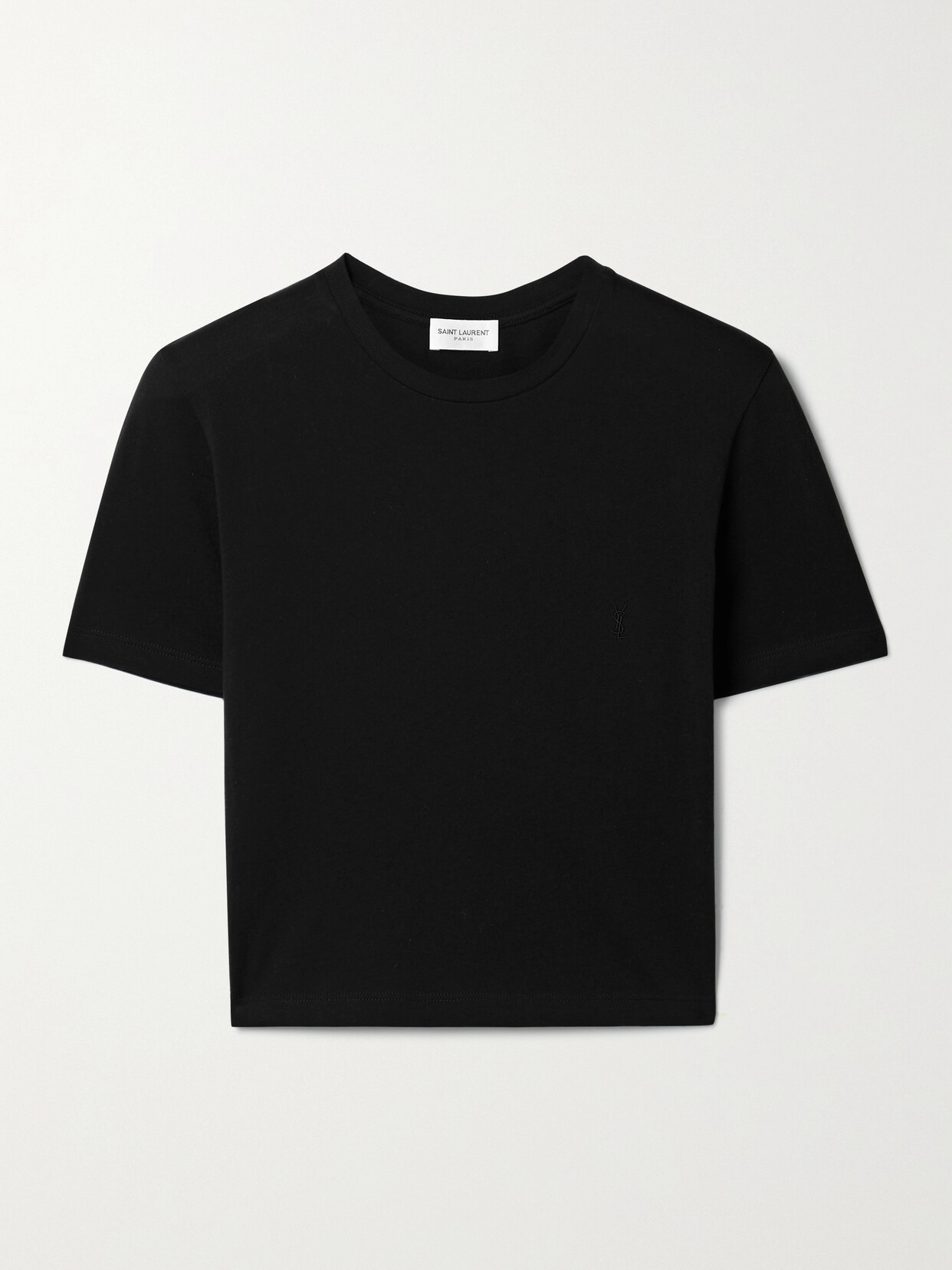 SAINT LAURENT Cropped Embroidered Cotton-jersey T-shirt - Black