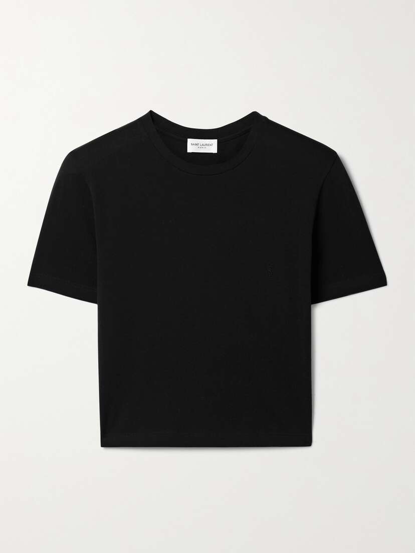 Saint Laurent Cropped Embroidered Cotton-jersey T-shirt