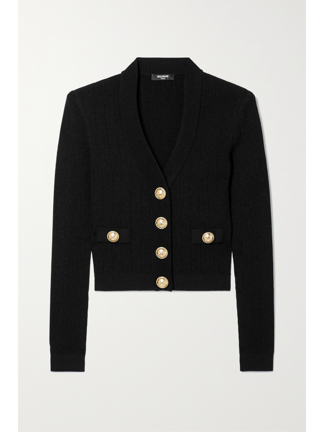 Balmain Black Ribbed Cardigan With Shoulder Pads And Logoed Metal Buttons In Black