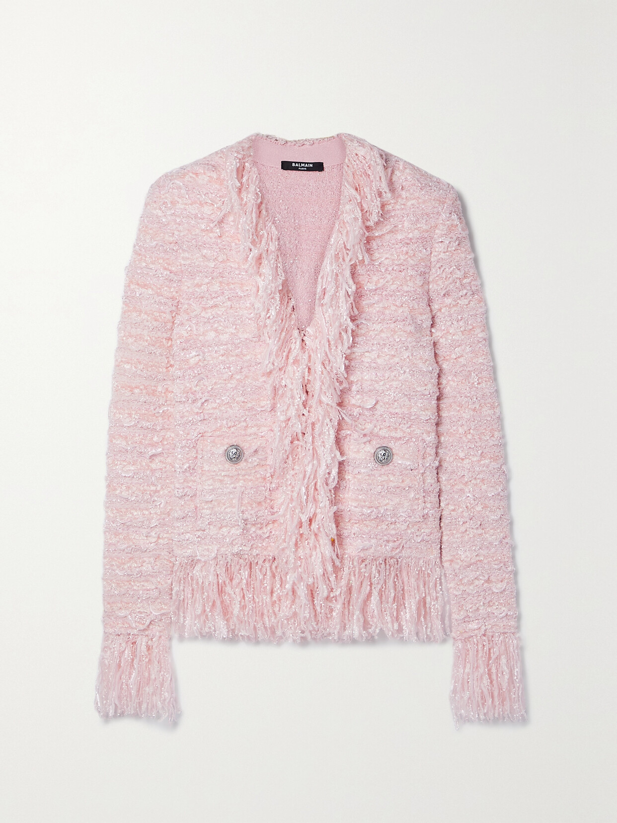 Balmain - Fringed Metallic Bouclé-tweed Jacket - Pink